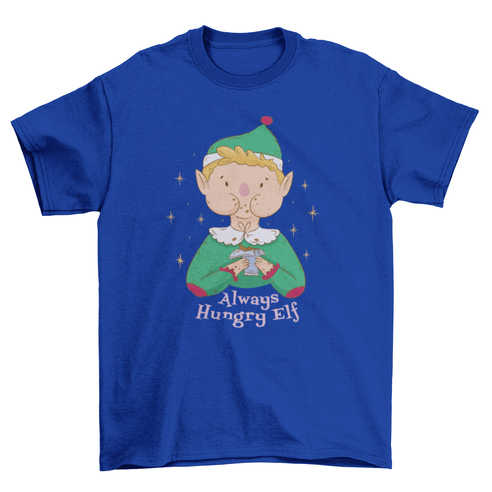 A festive t-shirt featuring a cute elf joyfully eating a chocolate bar with the quote 'Always hungry elf'.