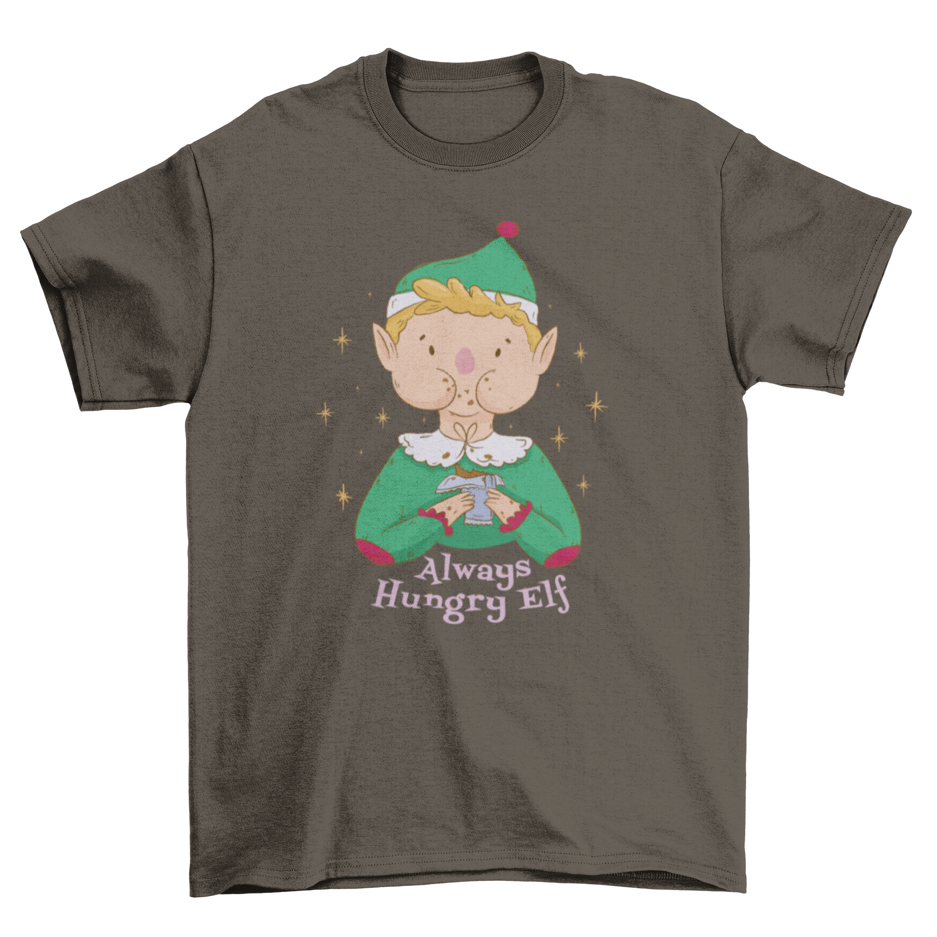 A festive t-shirt featuring a cute elf joyfully eating a chocolate bar with the quote 'Always hungry elf'.