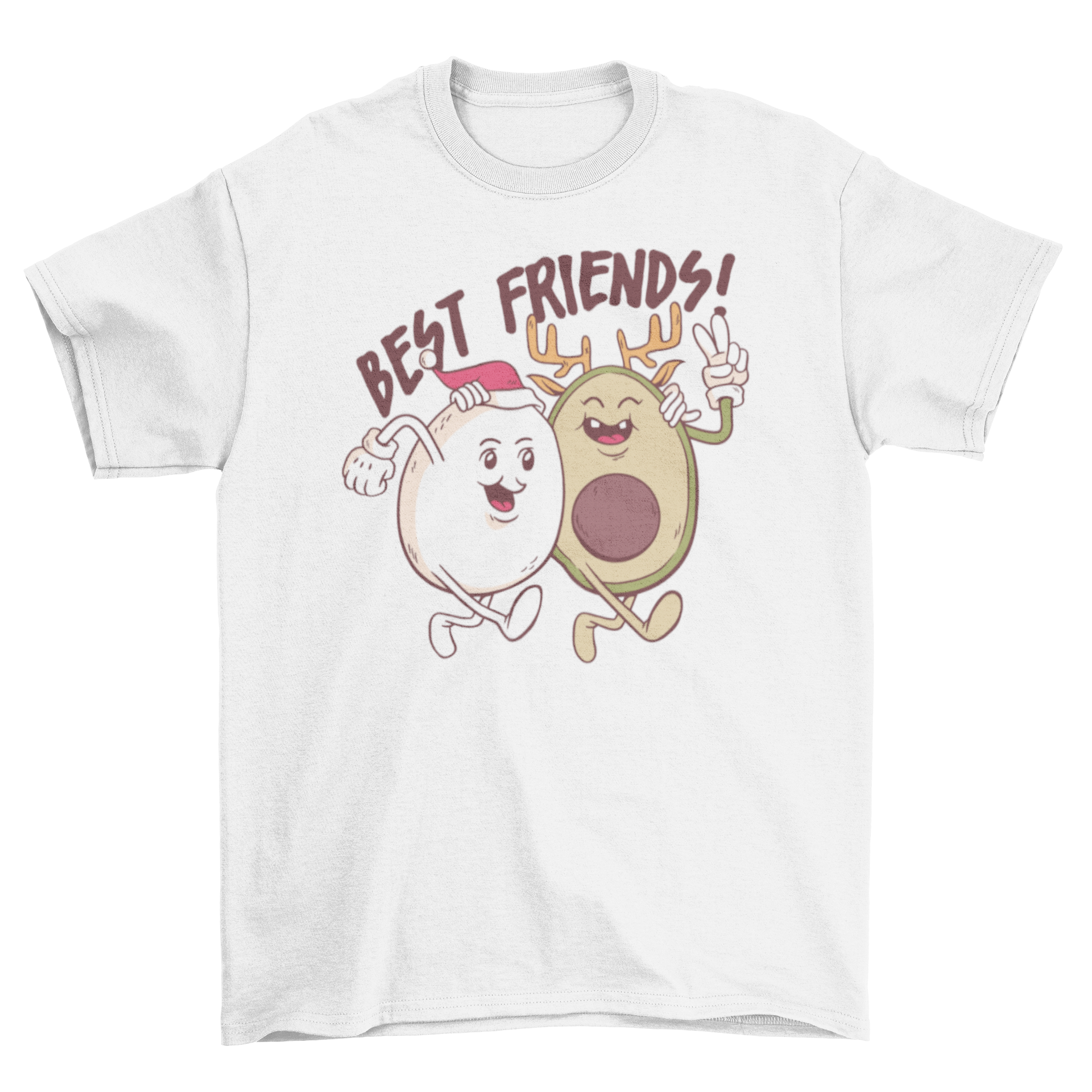 A festive t-shirt featuring a cute egg and avocado hugging with the quote 'Best friends!' in a colorful design.