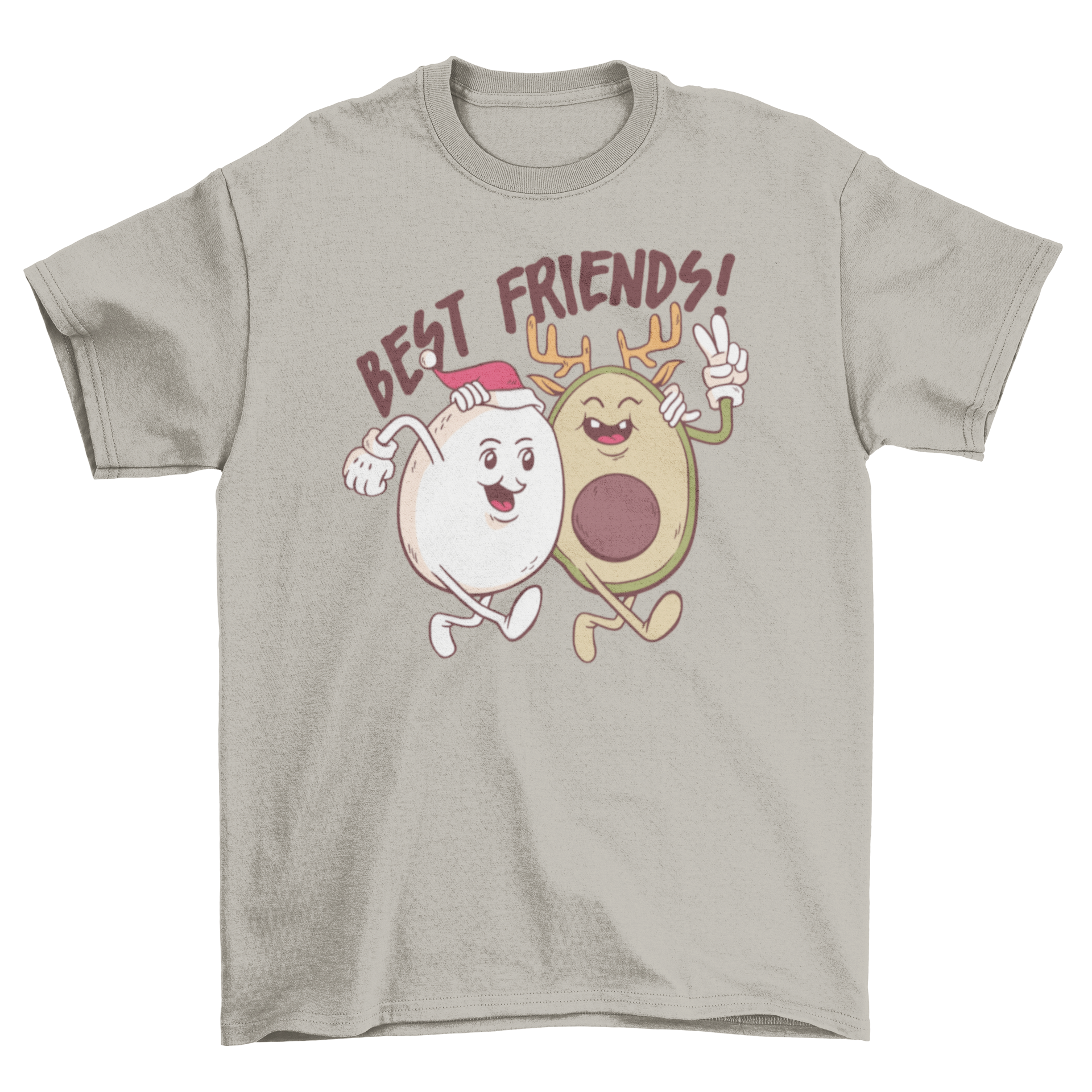 A festive t-shirt featuring a cute egg and avocado hugging with the quote 'Best friends!' in a colorful design.