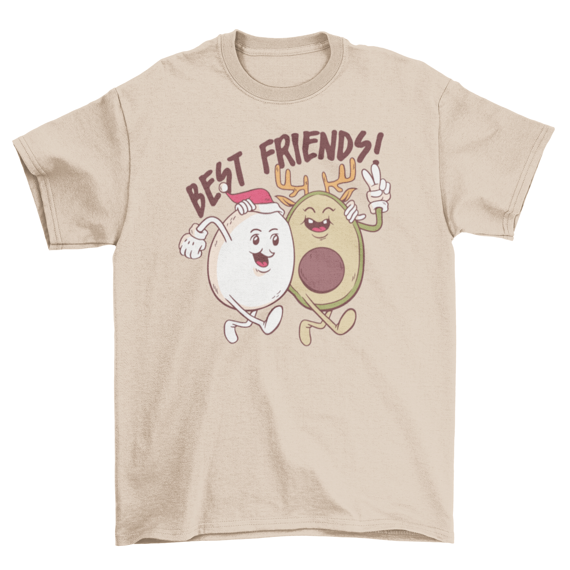 A festive t-shirt featuring a cute egg and avocado hugging with the quote 'Best friends!' in a colorful design.