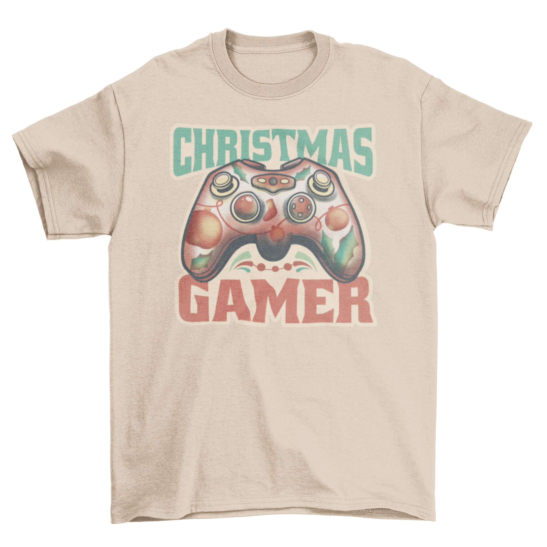 A festive t-shirt featuring a joystick design and the quote 'Christmas gamer', perfect for gaming enthusiasts during the holiday season.