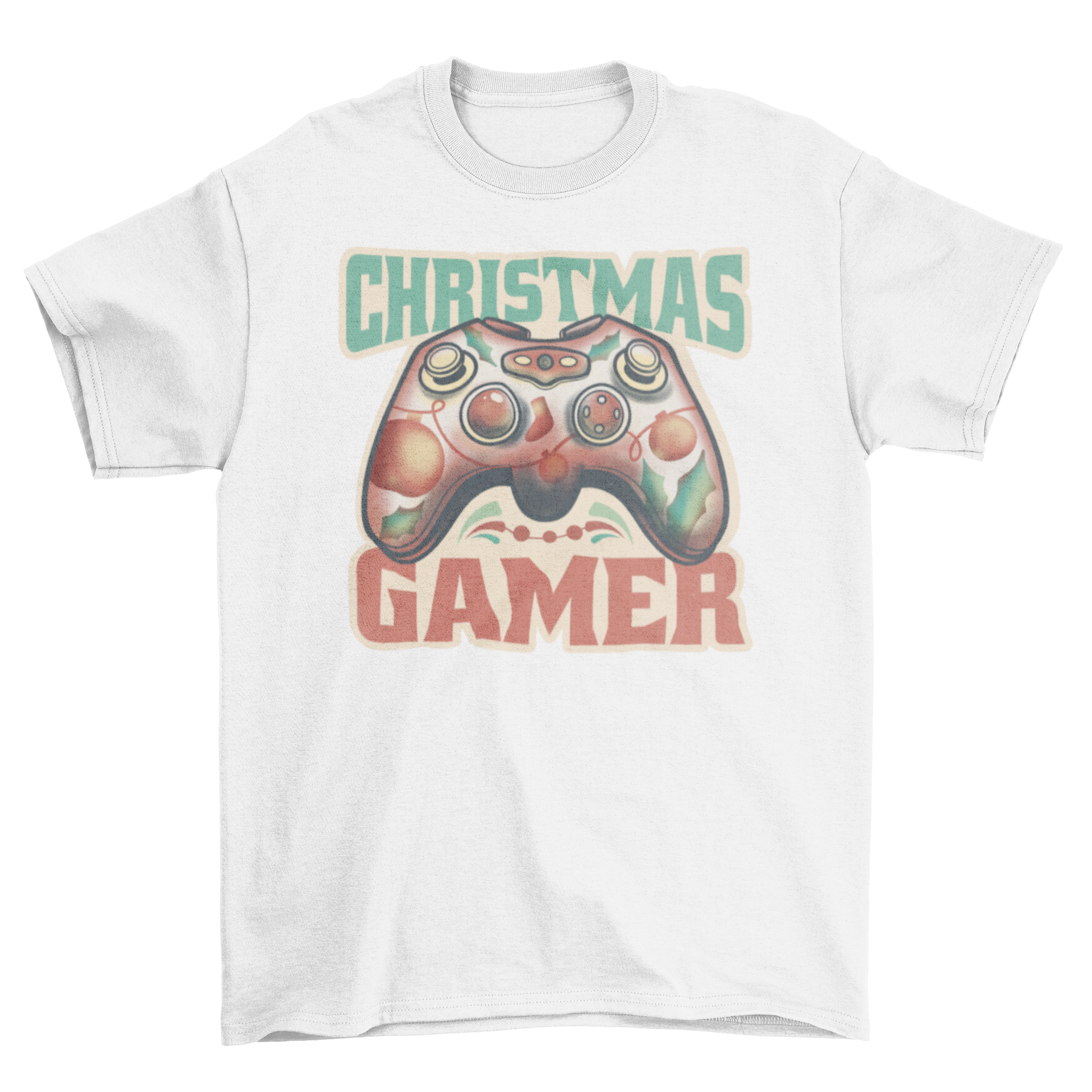 A festive t-shirt featuring a joystick design and the quote 'Christmas gamer', perfect for gaming enthusiasts during the holiday season.