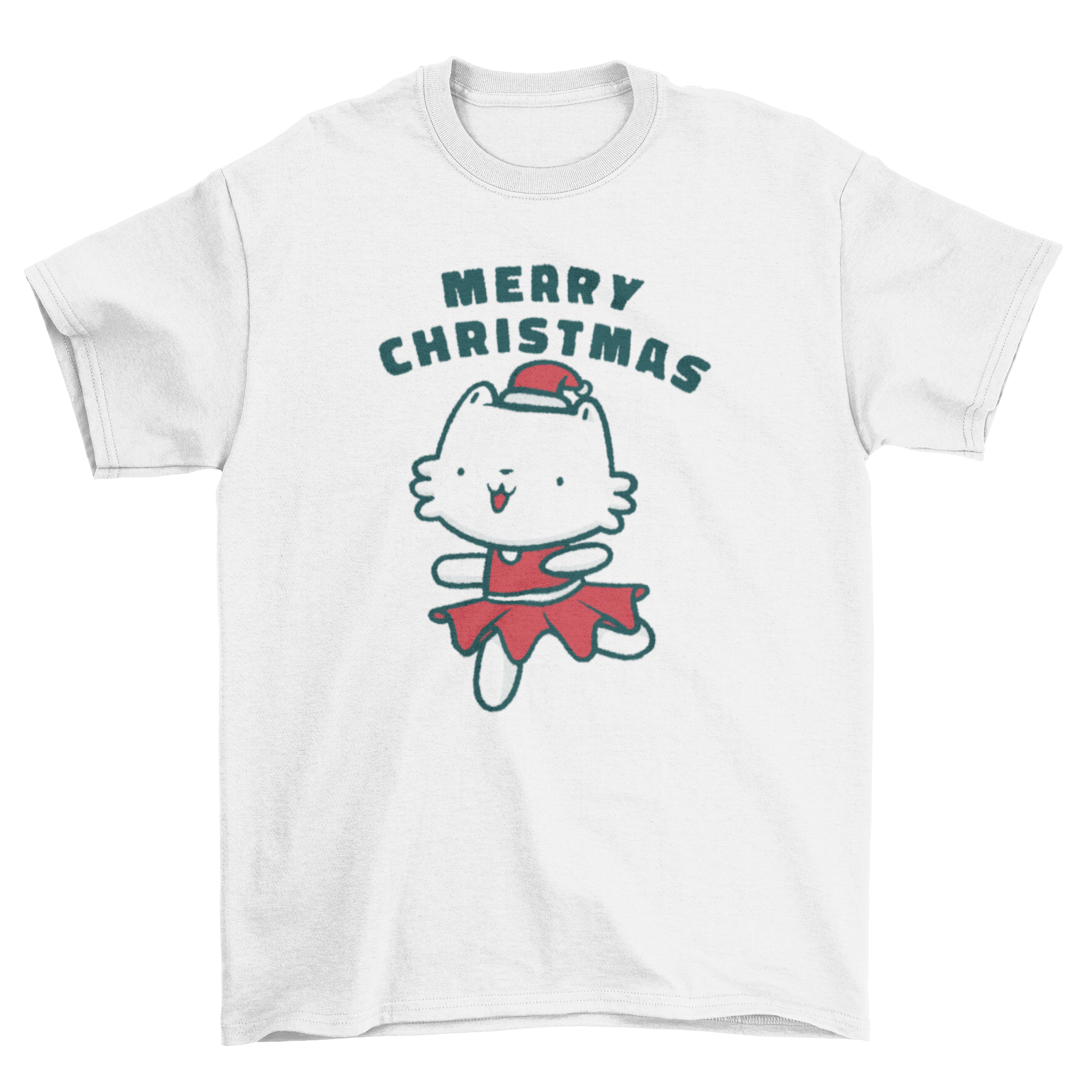 A cute Christmas t-shirt featuring a kitten in a festive dress with the text 'Merry Christmas'.