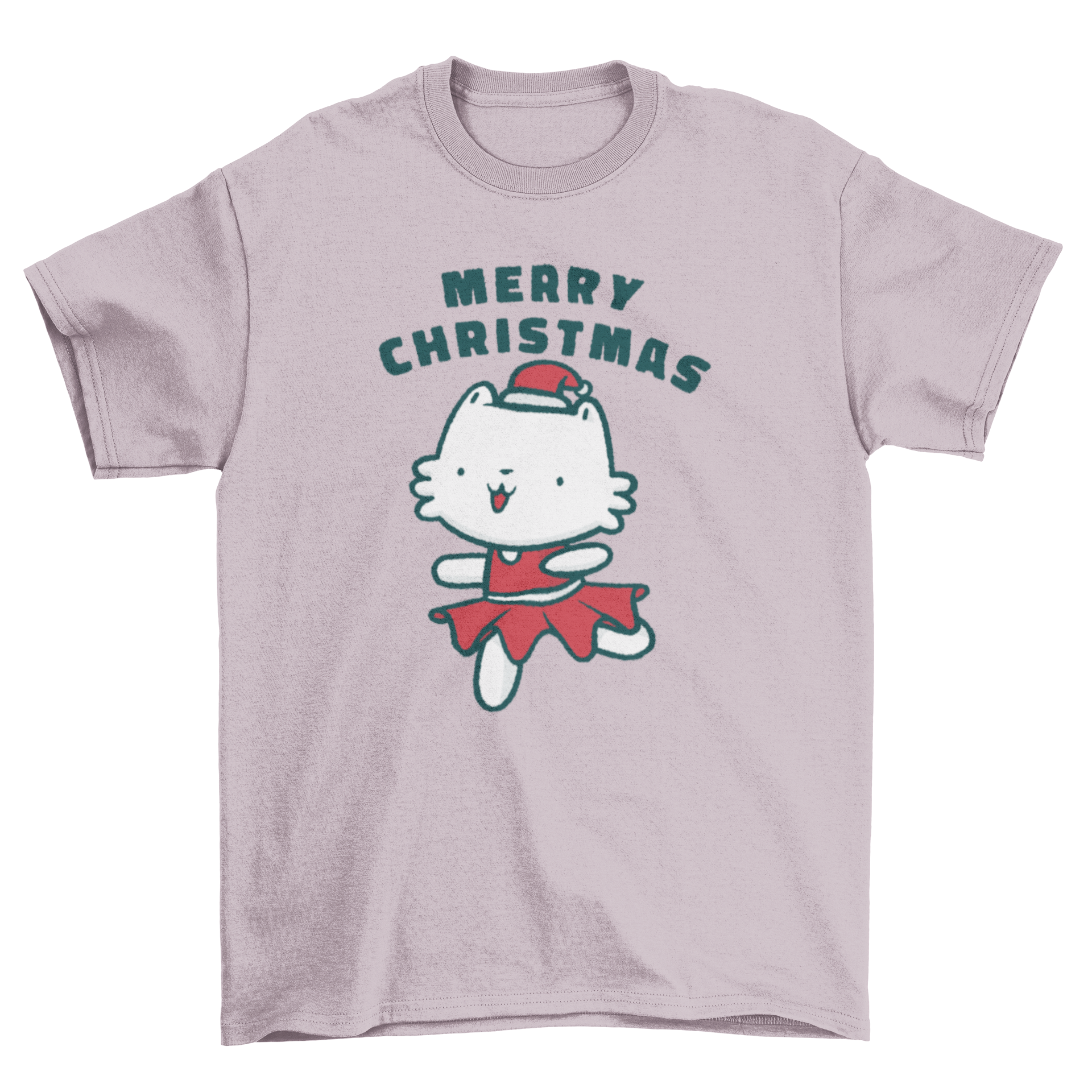 A cute Christmas t-shirt featuring a kitten in a festive dress with the text 'Merry Christmas'.