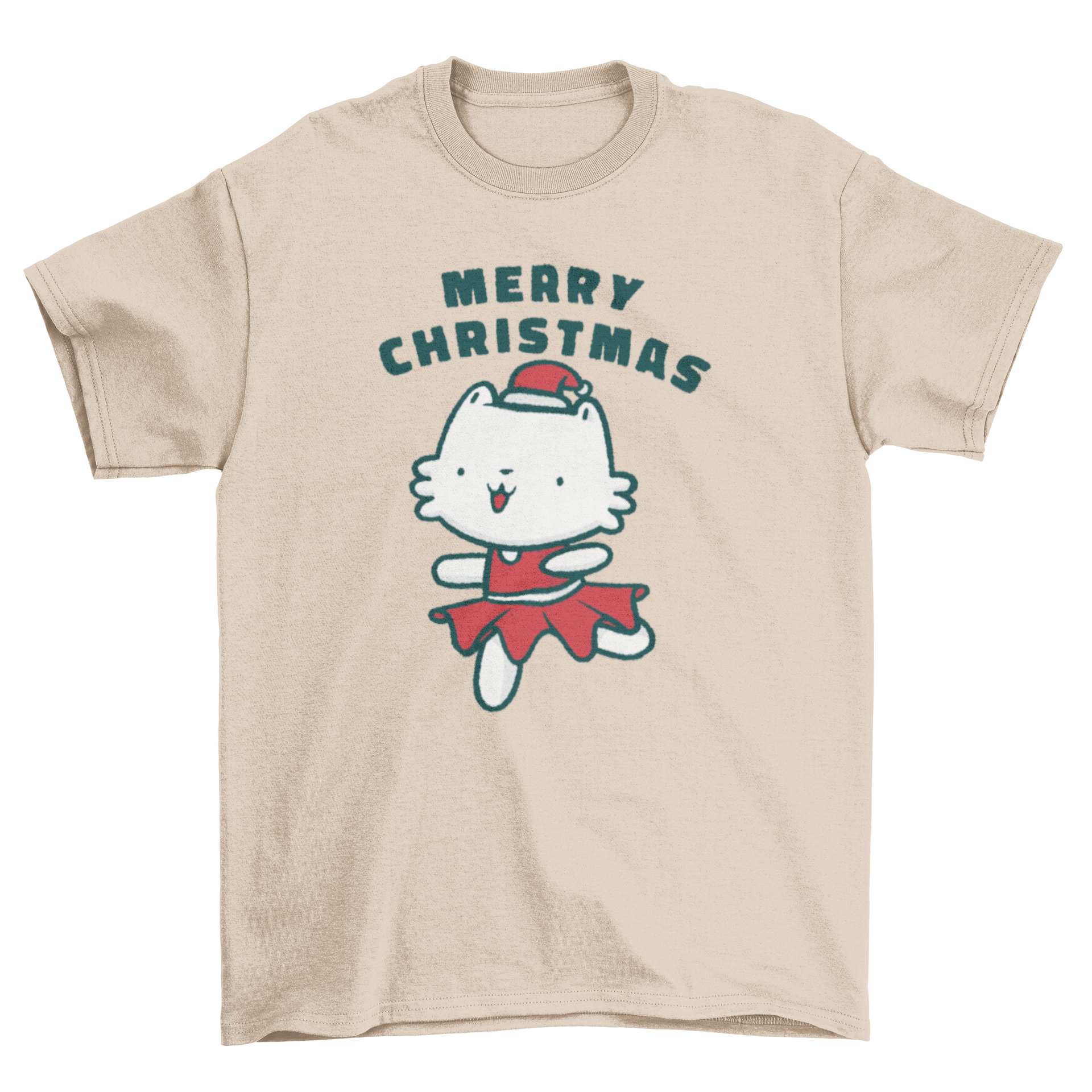 A cute Christmas t-shirt featuring a kitten in a festive dress with the text 'Merry Christmas'.