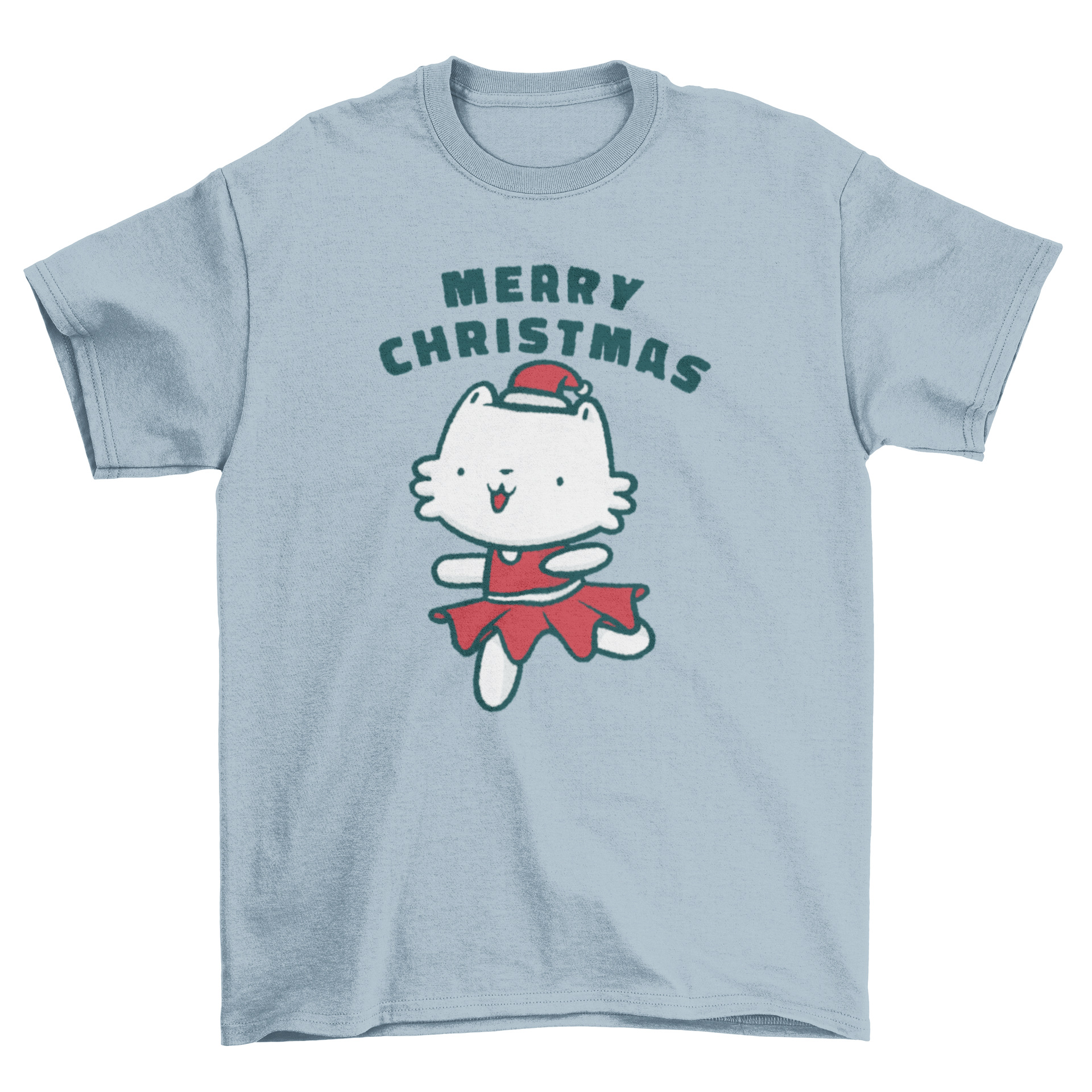 A cute Christmas t-shirt featuring a kitten in a festive dress with the text 'Merry Christmas'.