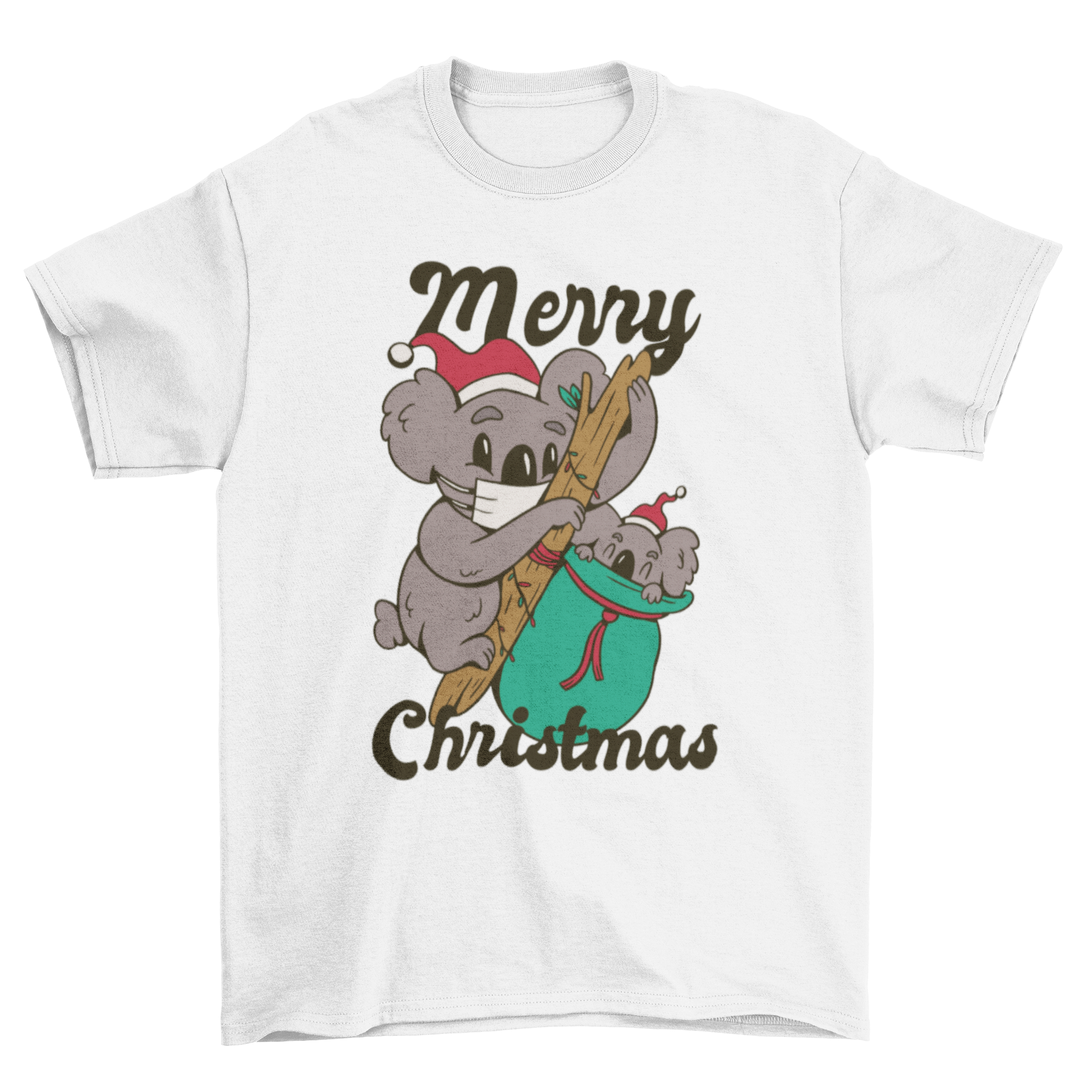 A festive Christmas t-shirt featuring a cute koala and baby koala wearing Santa hats, perfect for holiday celebrations.