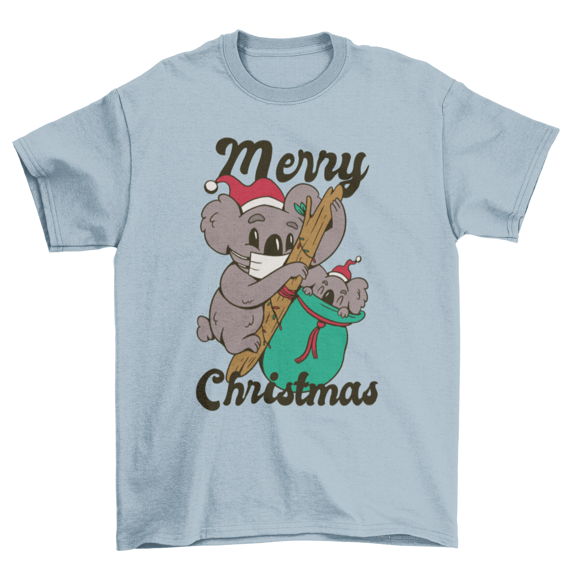 A festive Christmas t-shirt featuring a cute koala and baby koala wearing Santa hats, perfect for holiday celebrations.