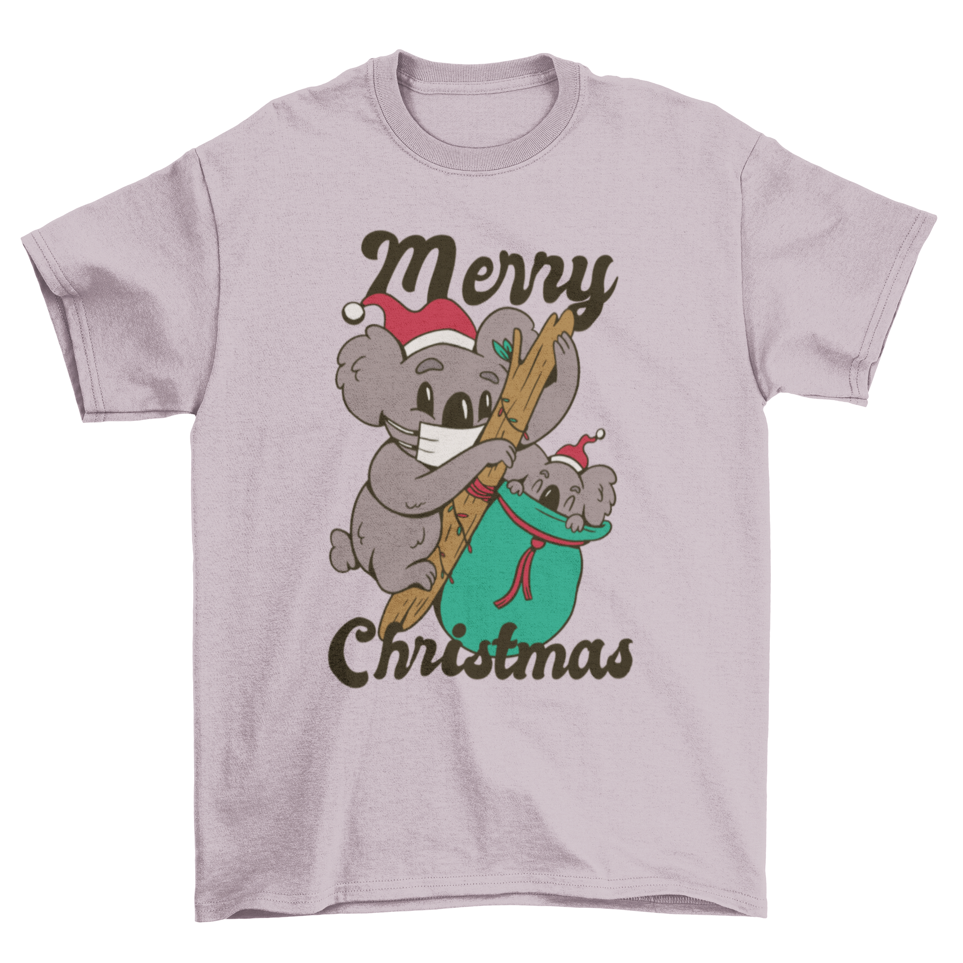 A festive Christmas t-shirt featuring a cute koala and baby koala wearing Santa hats, perfect for holiday celebrations.