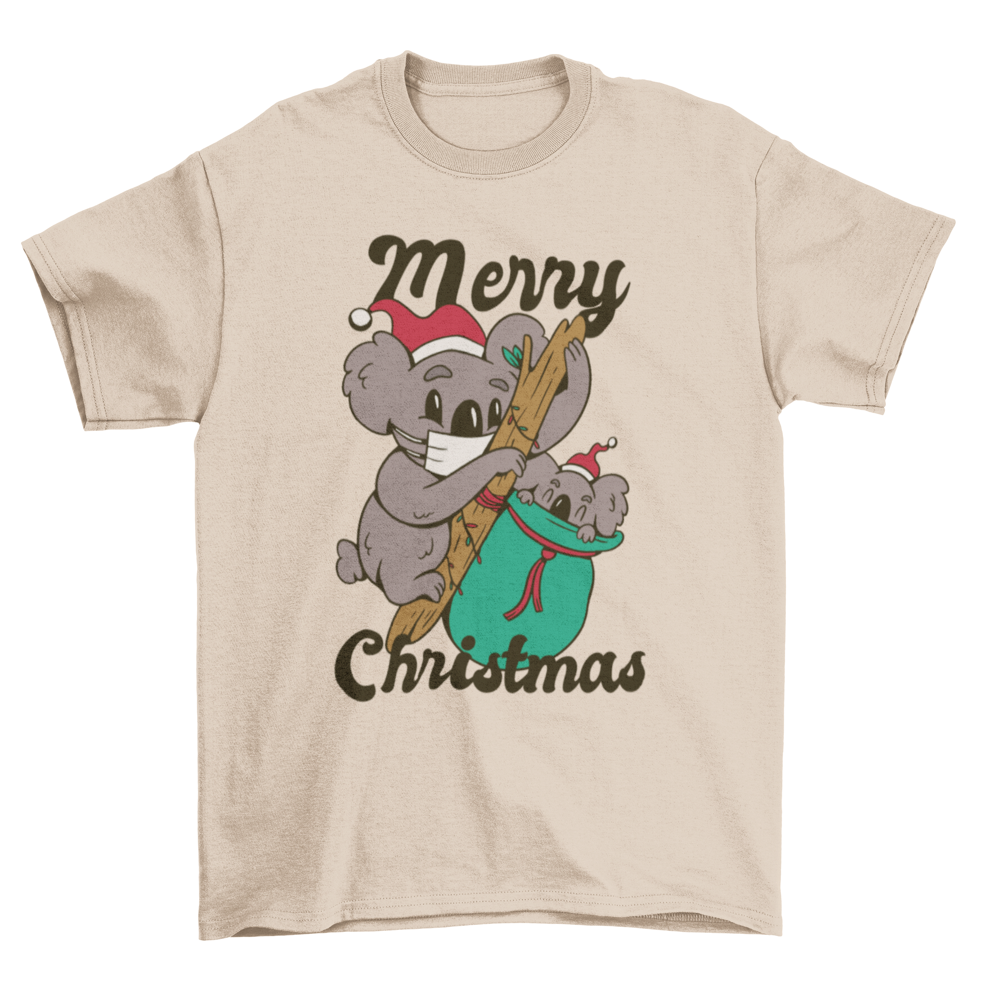 A festive Christmas t-shirt featuring a cute koala and baby koala wearing Santa hats, perfect for holiday celebrations.