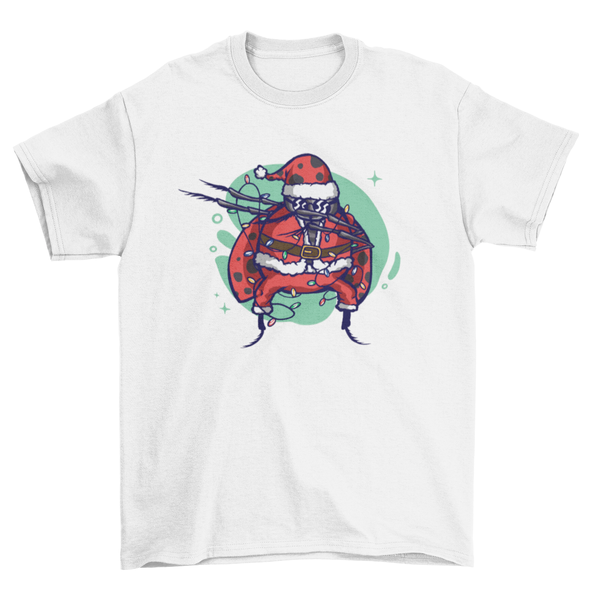 A cute Christmas t-shirt featuring a ladybug dressed as Santa Claus, showcasing vibrant colors and festive design.