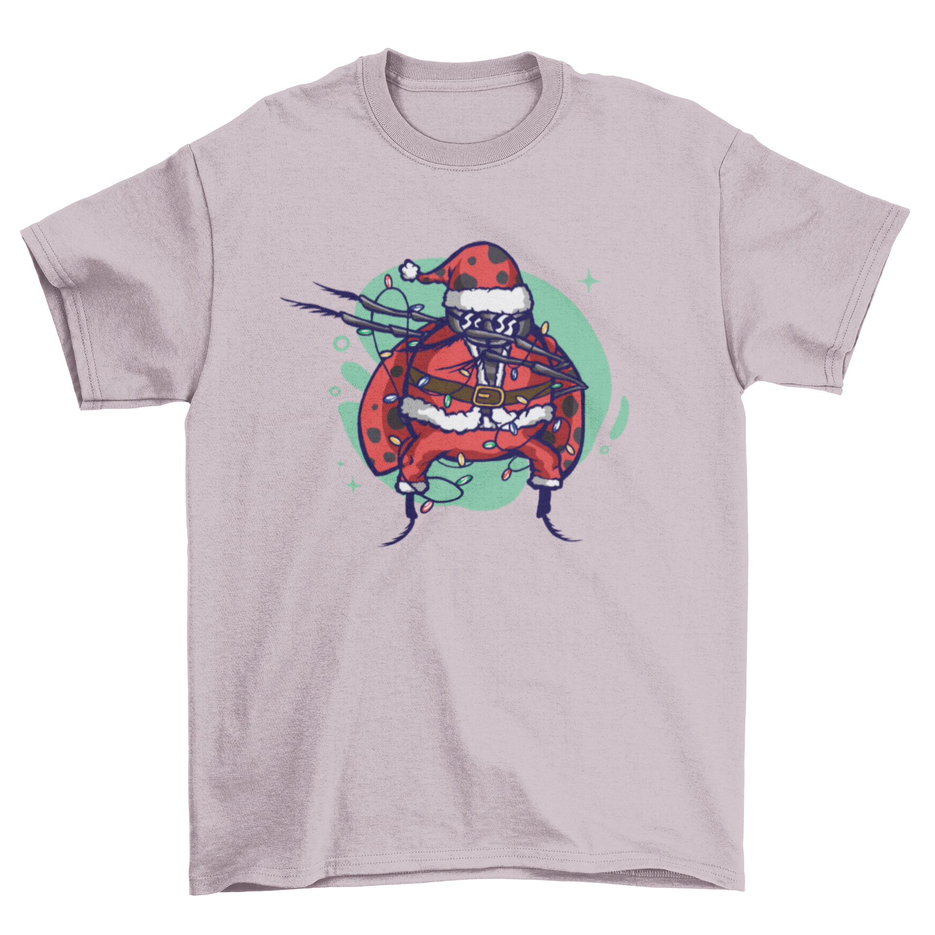 A cute Christmas t-shirt featuring a ladybug dressed as Santa Claus, showcasing vibrant colors and festive design.