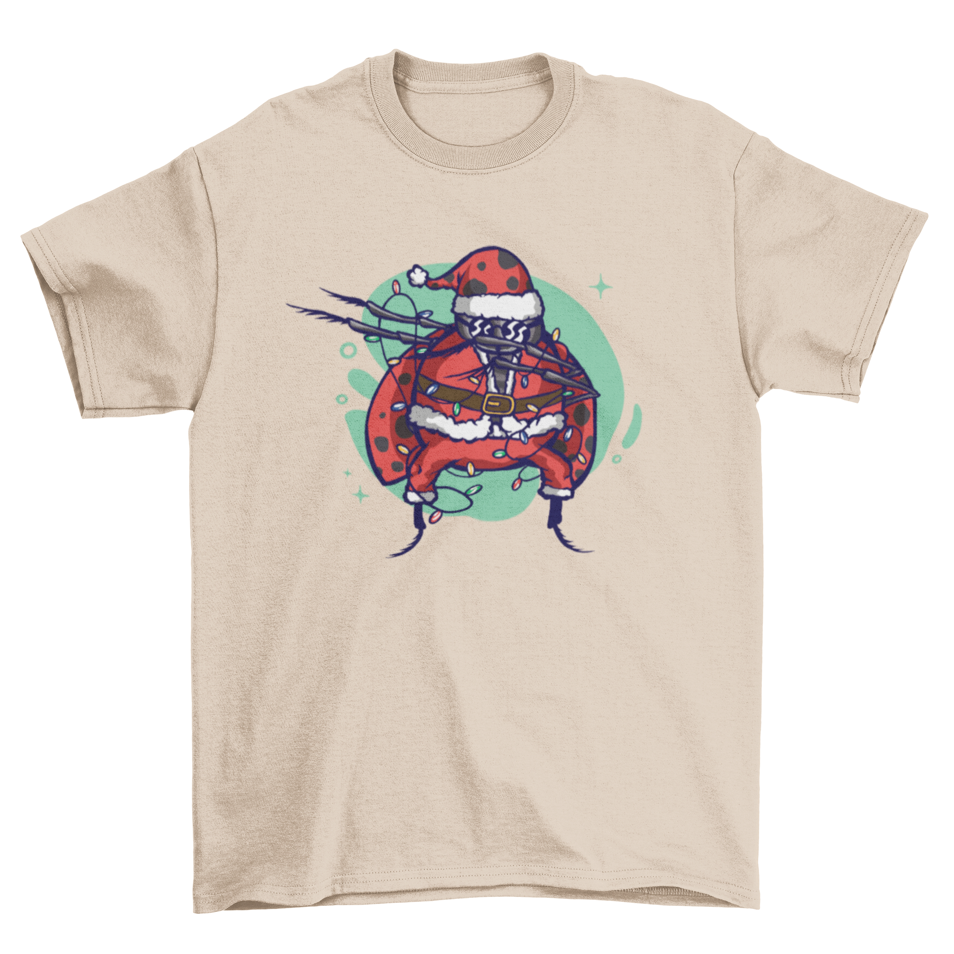 A cute Christmas t-shirt featuring a ladybug dressed as Santa Claus, showcasing vibrant colors and festive design.