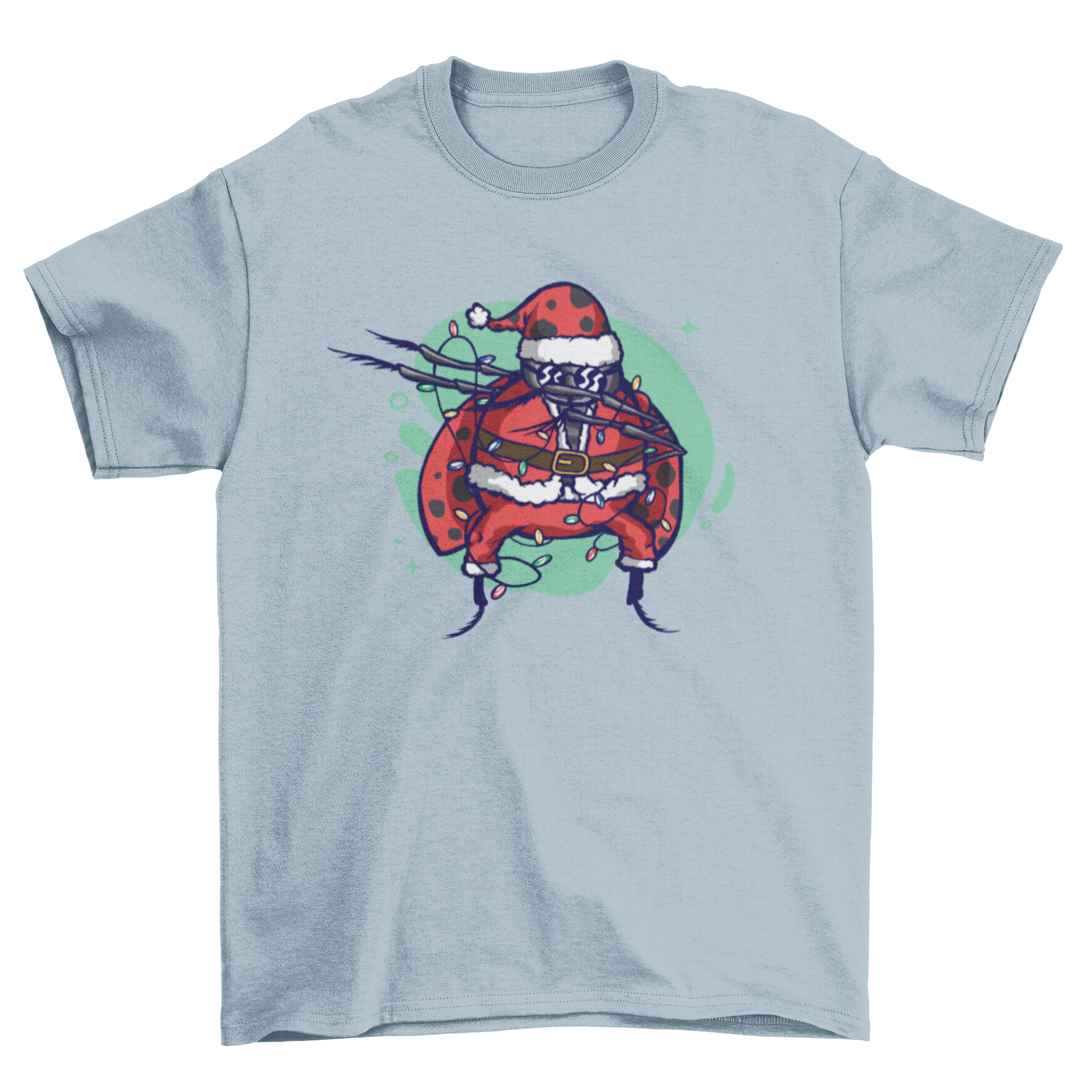 A cute Christmas t-shirt featuring a ladybug dressed as Santa Claus, showcasing vibrant colors and festive design.