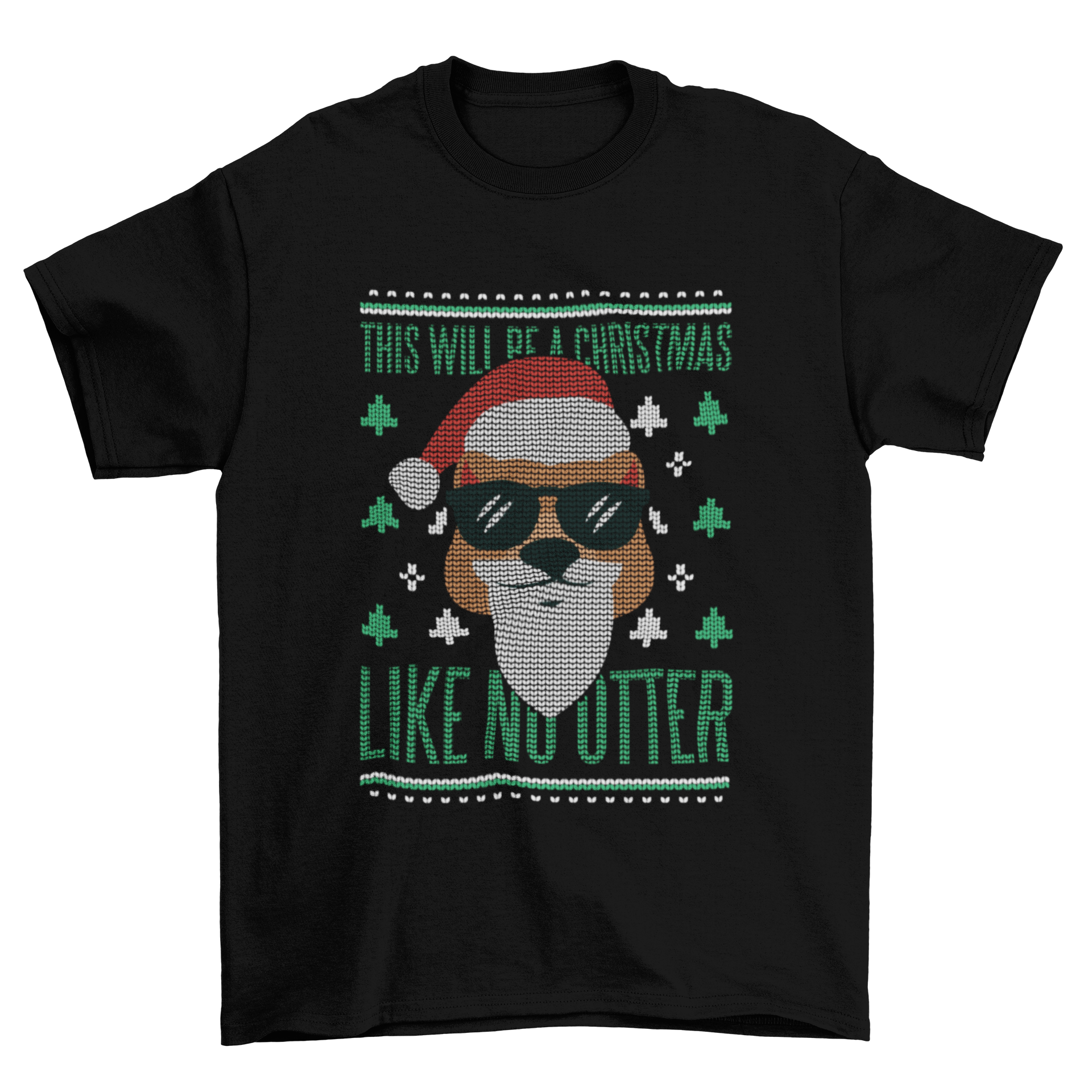 A humorous Christmas t-shirt featuring an otter dressed as Santa Claus in an ugly sweater style, perfect for holiday celebrations.