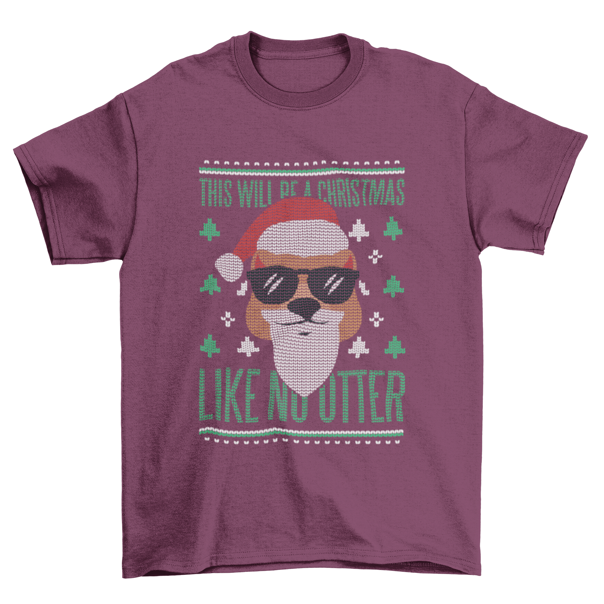 A humorous Christmas t-shirt featuring an otter dressed as Santa Claus in an ugly sweater style, perfect for holiday celebrations.