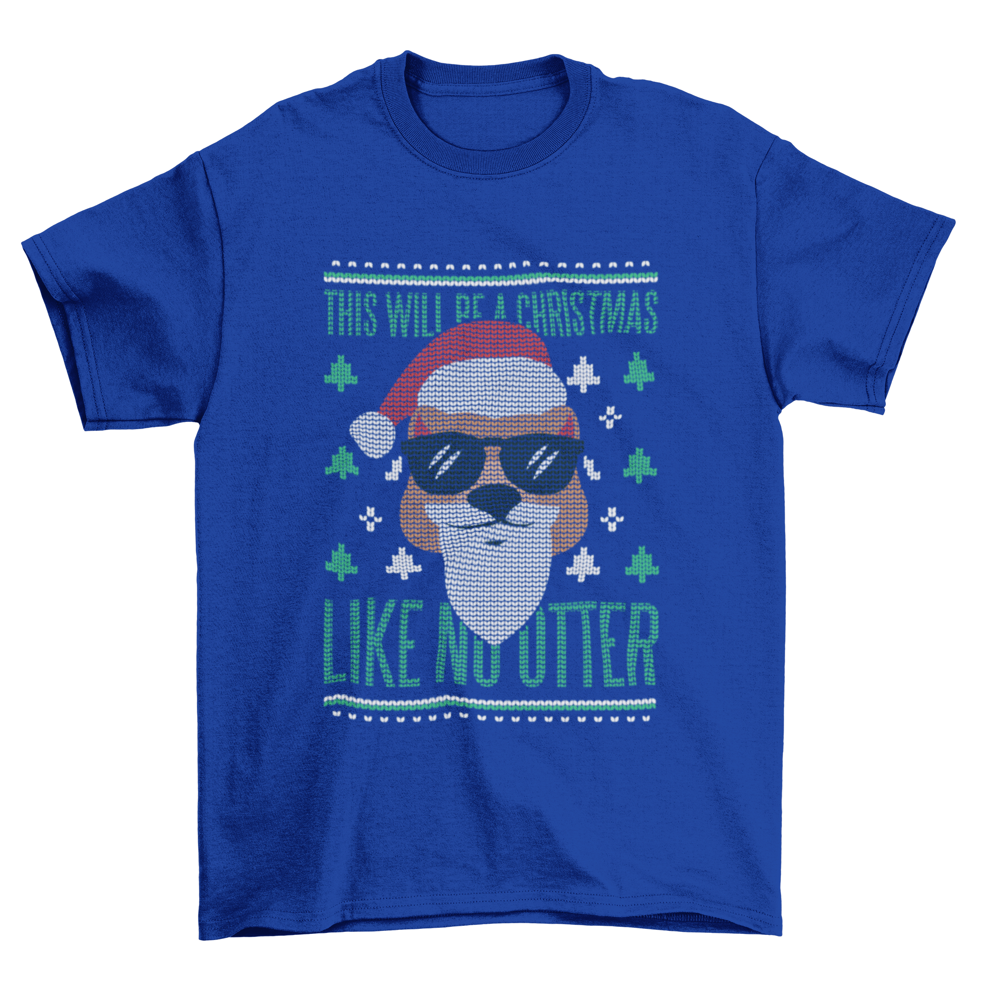 A humorous Christmas t-shirt featuring an otter dressed as Santa Claus in an ugly sweater style, perfect for holiday celebrations.