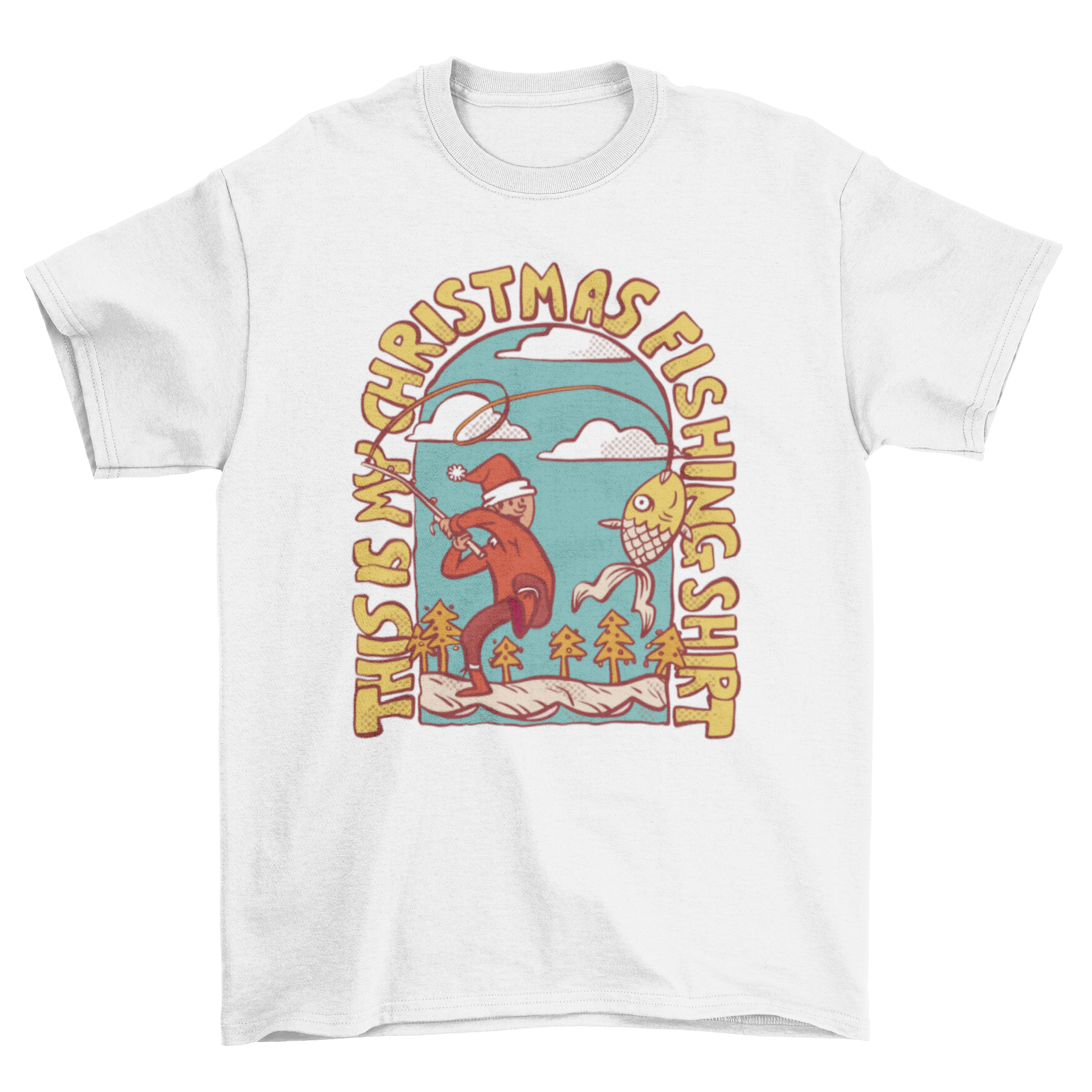 A festive t-shirt design featuring a man in Christmas attire fishing, with the quote 'This is my Christmas fishing shirt'.