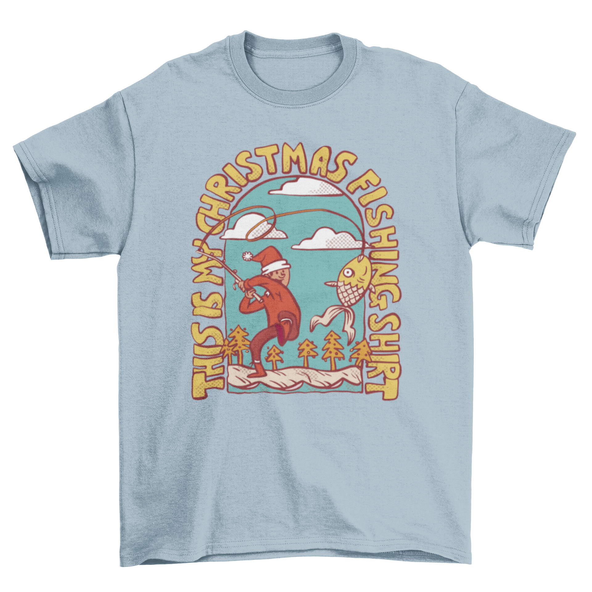 A festive t-shirt design featuring a man in Christmas attire fishing, with the quote 'This is my Christmas fishing shirt'.