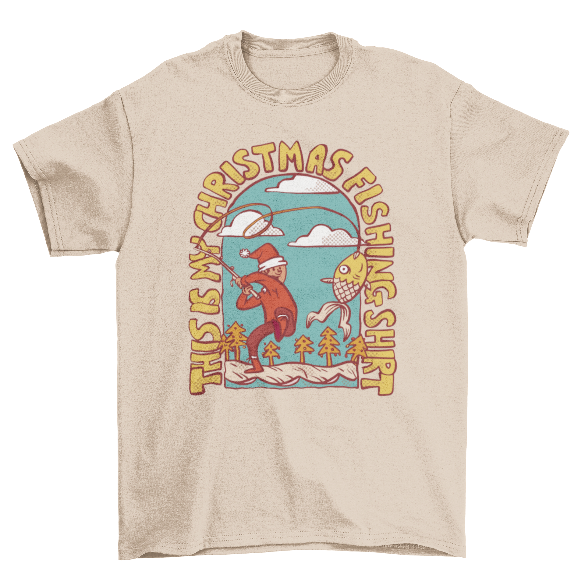 A festive t-shirt design featuring a man in Christmas attire fishing, with the quote 'This is my Christmas fishing shirt'.