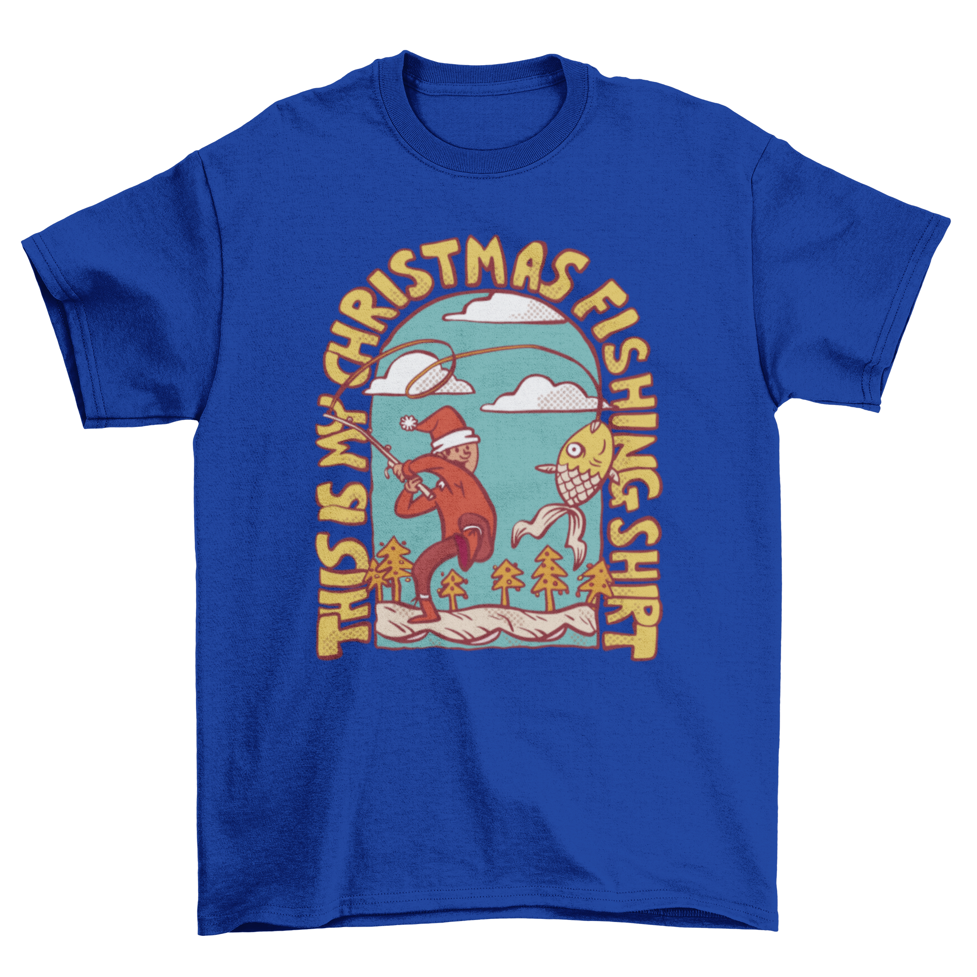 A festive t-shirt design featuring a man in Christmas attire fishing, with the quote 'This is my Christmas fishing shirt'.