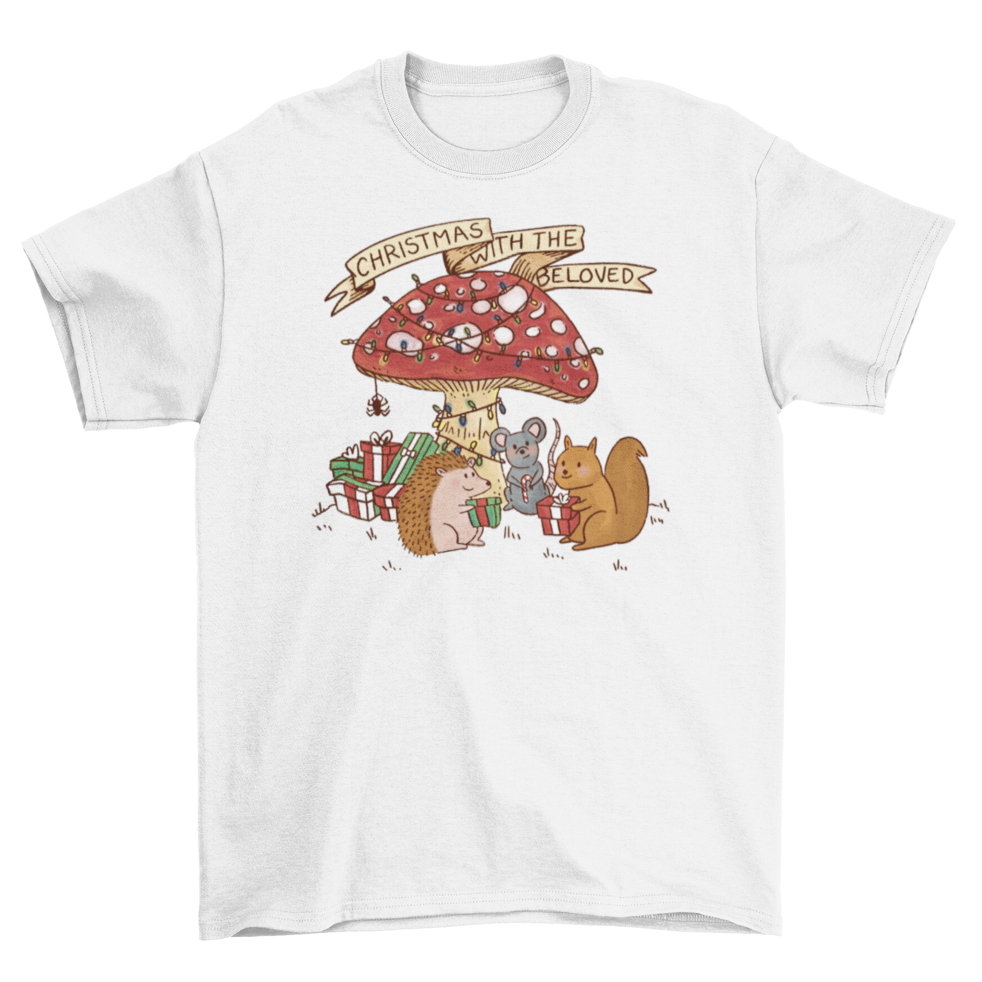 A festive t-shirt featuring a mushroom, squirrel, mouse, and hedgehog celebrating Christmas with the quote 'Christmas with the beloved'.