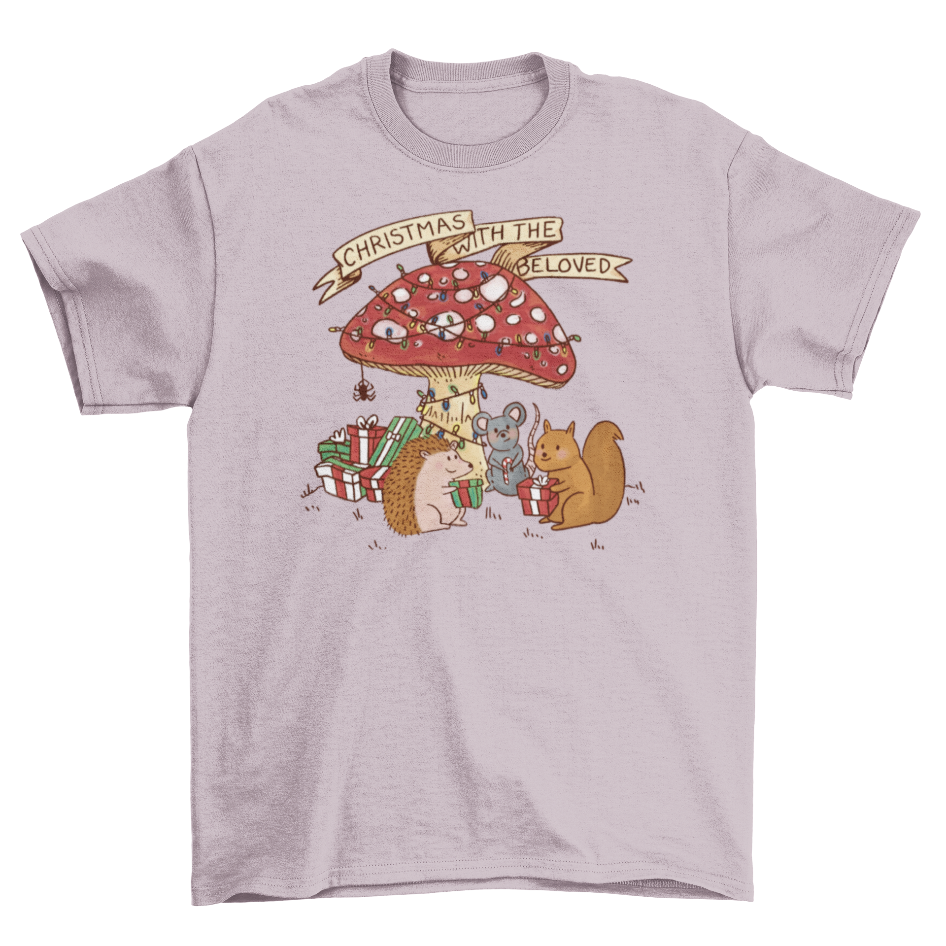 A festive t-shirt featuring a mushroom, squirrel, mouse, and hedgehog celebrating Christmas with the quote 'Christmas with the beloved'.