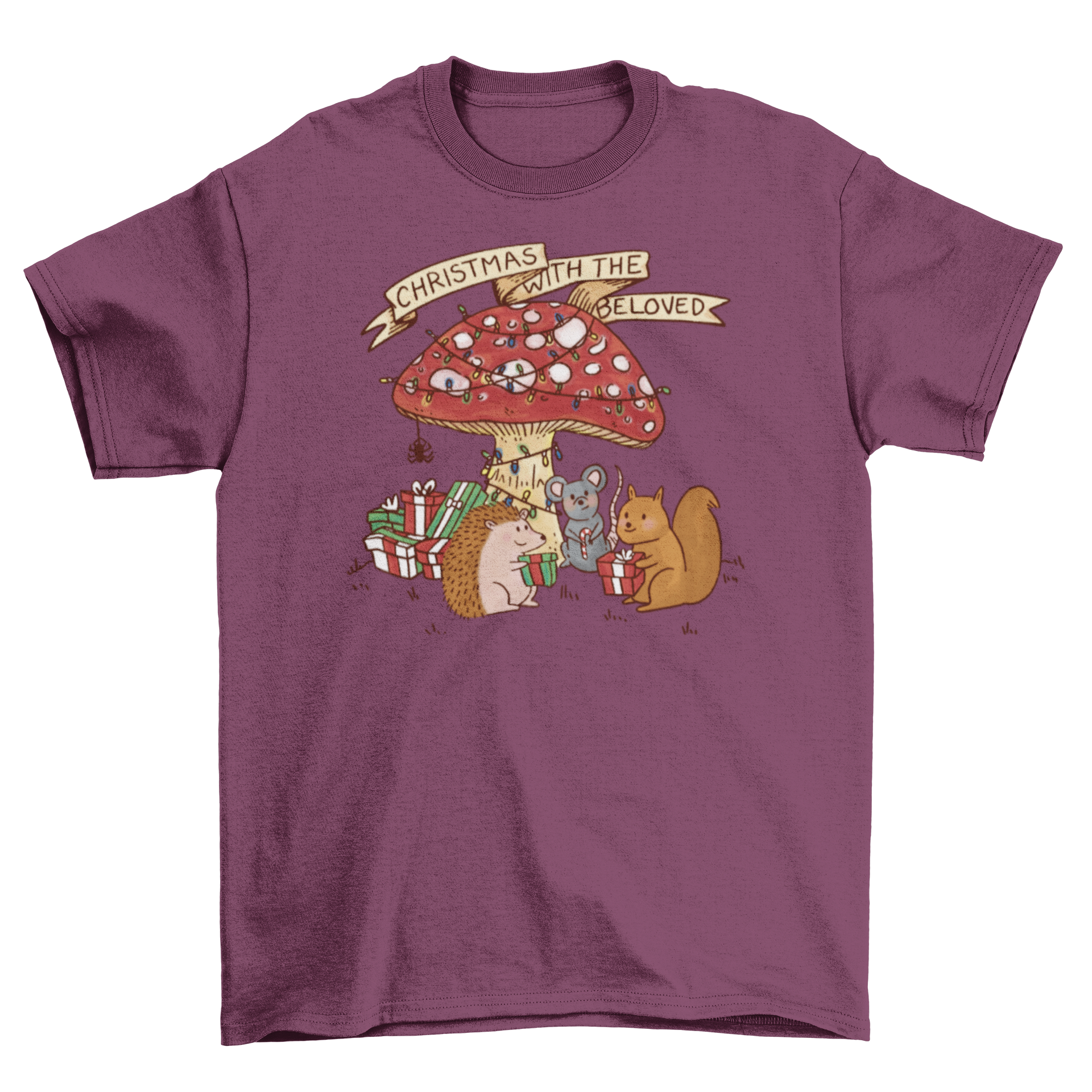 A festive t-shirt featuring a mushroom, squirrel, mouse, and hedgehog celebrating Christmas with the quote 'Christmas with the beloved'.