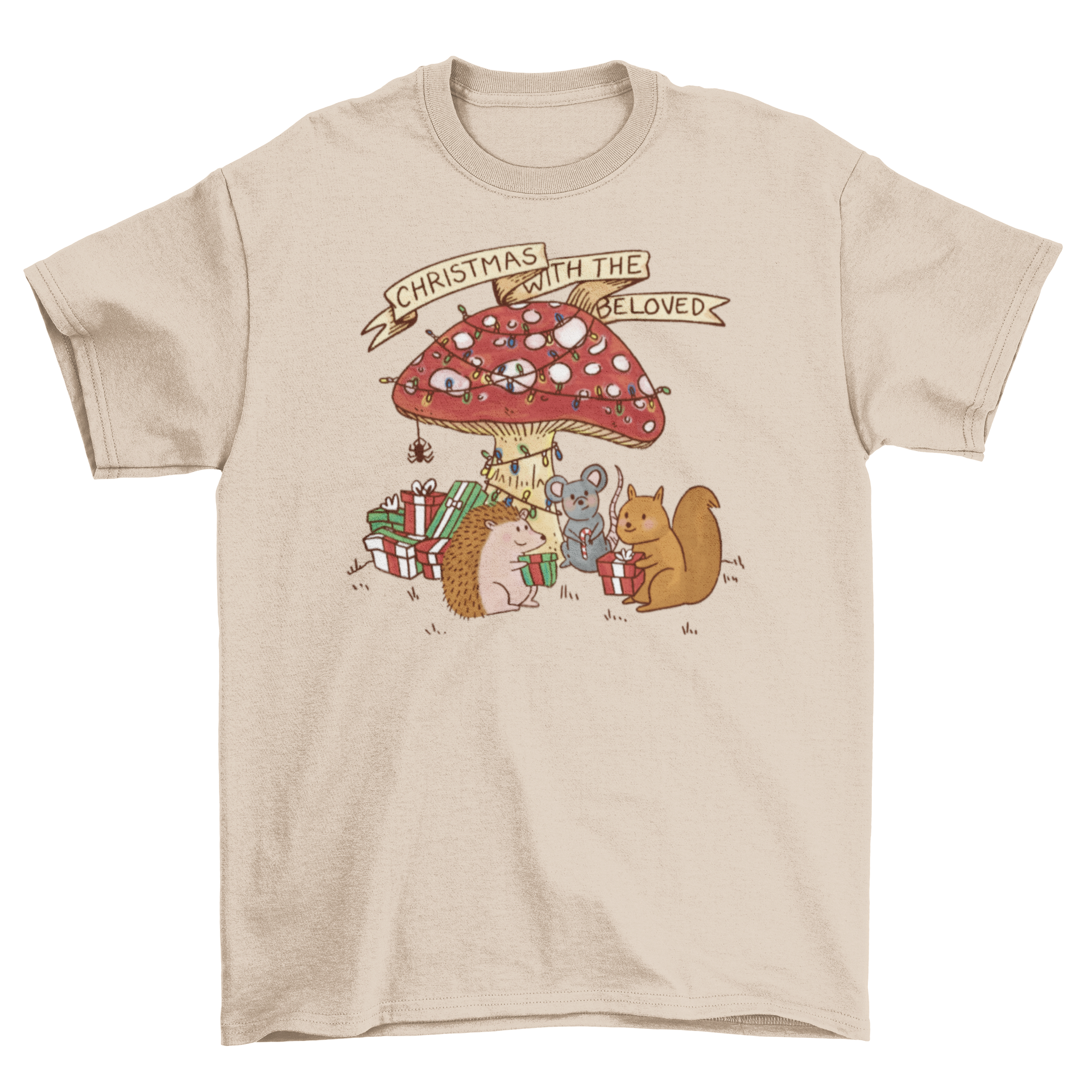 A festive t-shirt featuring a mushroom, squirrel, mouse, and hedgehog celebrating Christmas with the quote 'Christmas with the beloved'.