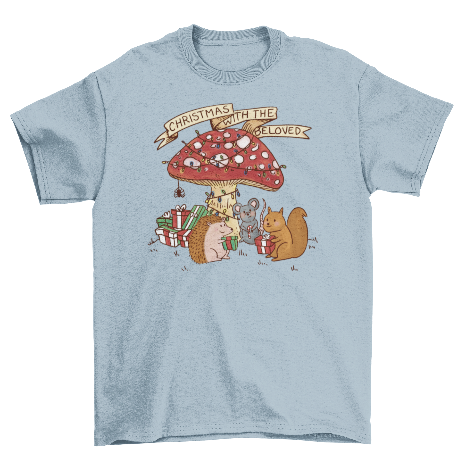 A festive t-shirt featuring a mushroom, squirrel, mouse, and hedgehog celebrating Christmas with the quote 'Christmas with the beloved'.