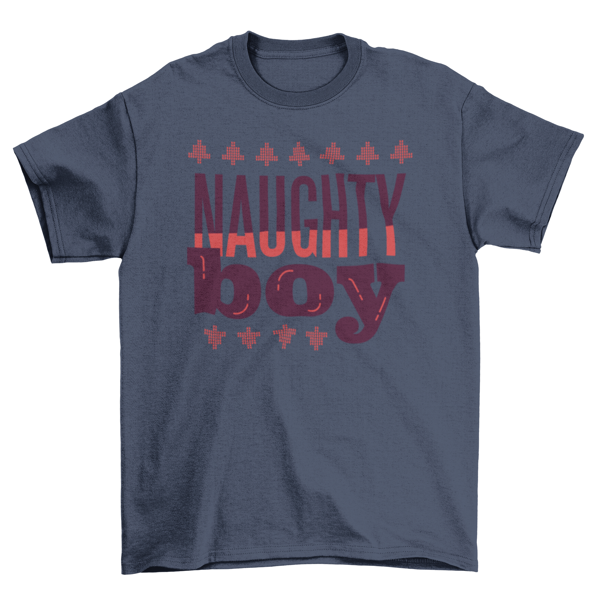 Christmas Naughty Boy T-shirt featuring bold purple and red lettering.