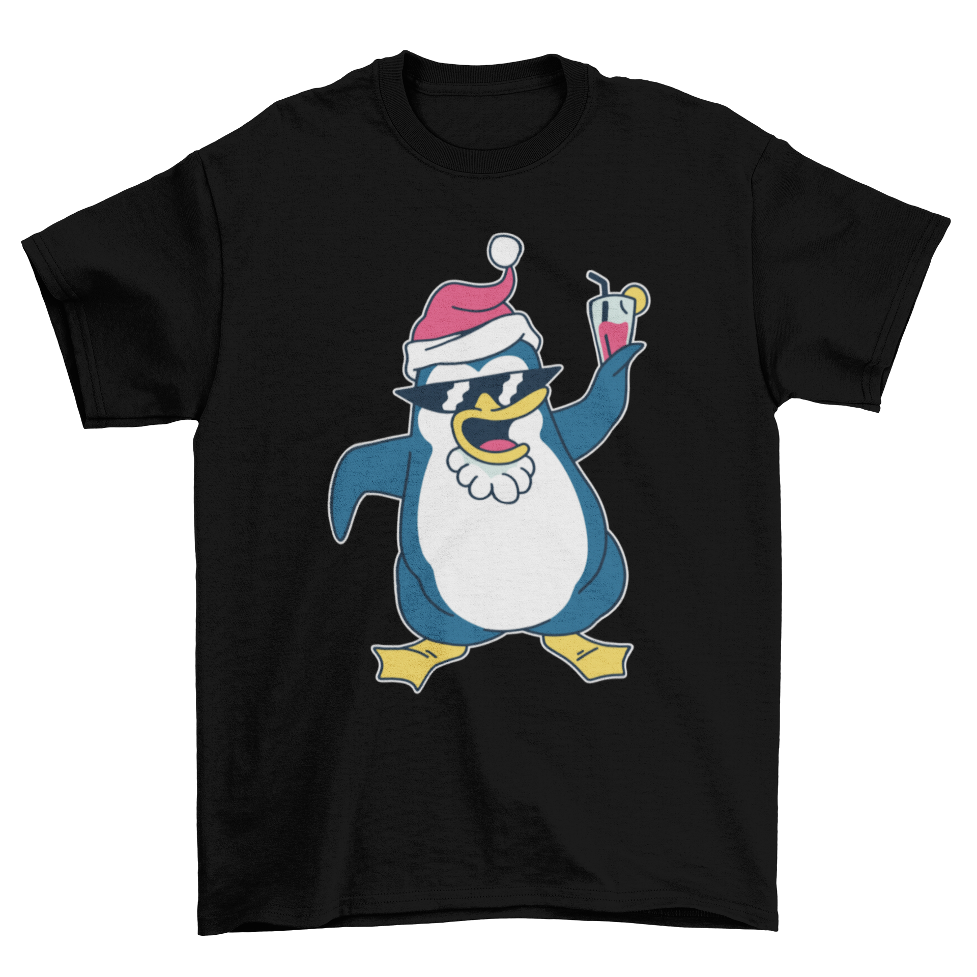 A festive Christmas penguin t-shirt featuring a penguin dressed as Santa Claus, perfect for holiday celebrations.