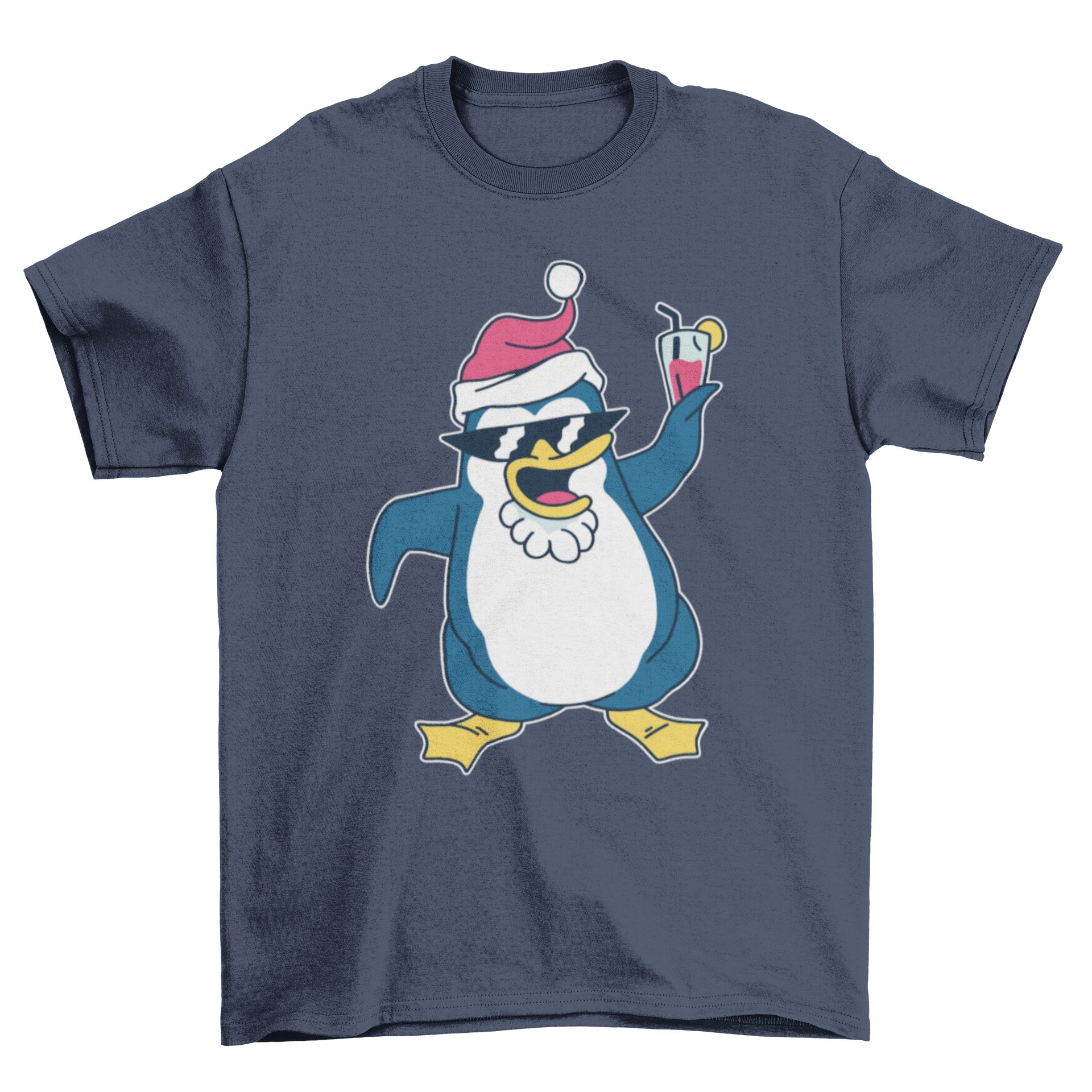 A festive Christmas penguin t-shirt featuring a penguin dressed as Santa Claus, perfect for holiday celebrations.