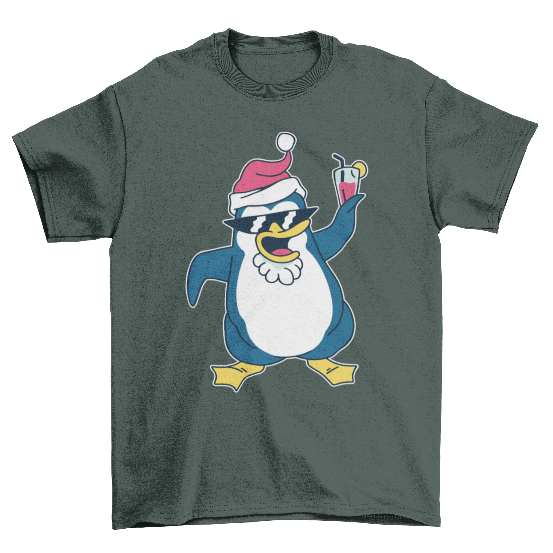 A festive Christmas penguin t-shirt featuring a penguin dressed as Santa Claus, perfect for holiday celebrations.