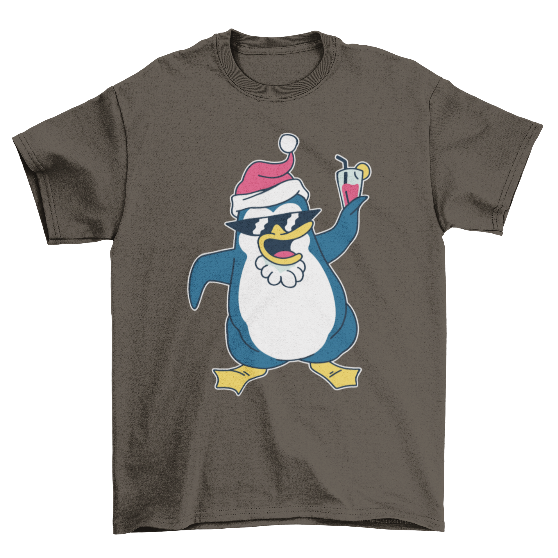 A festive Christmas penguin t-shirt featuring a penguin dressed as Santa Claus, perfect for holiday celebrations.