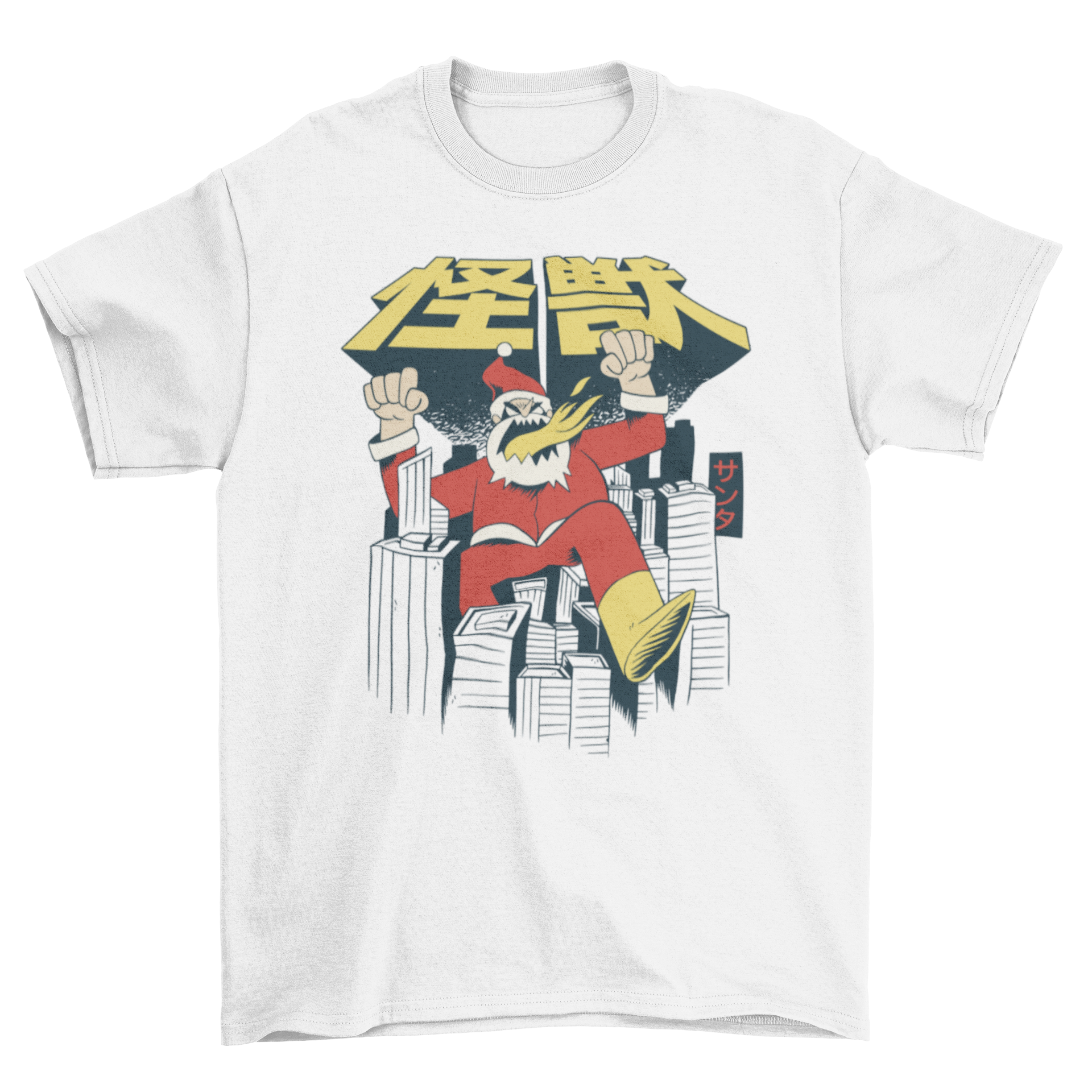 A vibrant t-shirt featuring a Japanese-style Santa monster destroying a city, perfect for Christmas celebrations.