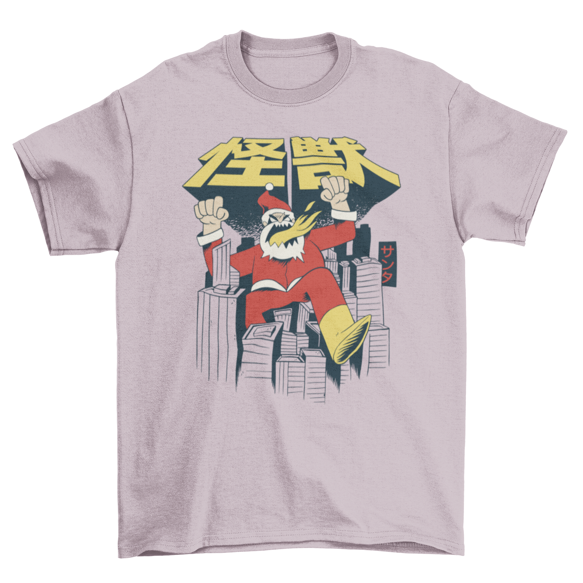 A vibrant t-shirt featuring a Japanese-style Santa monster destroying a city, perfect for Christmas celebrations.