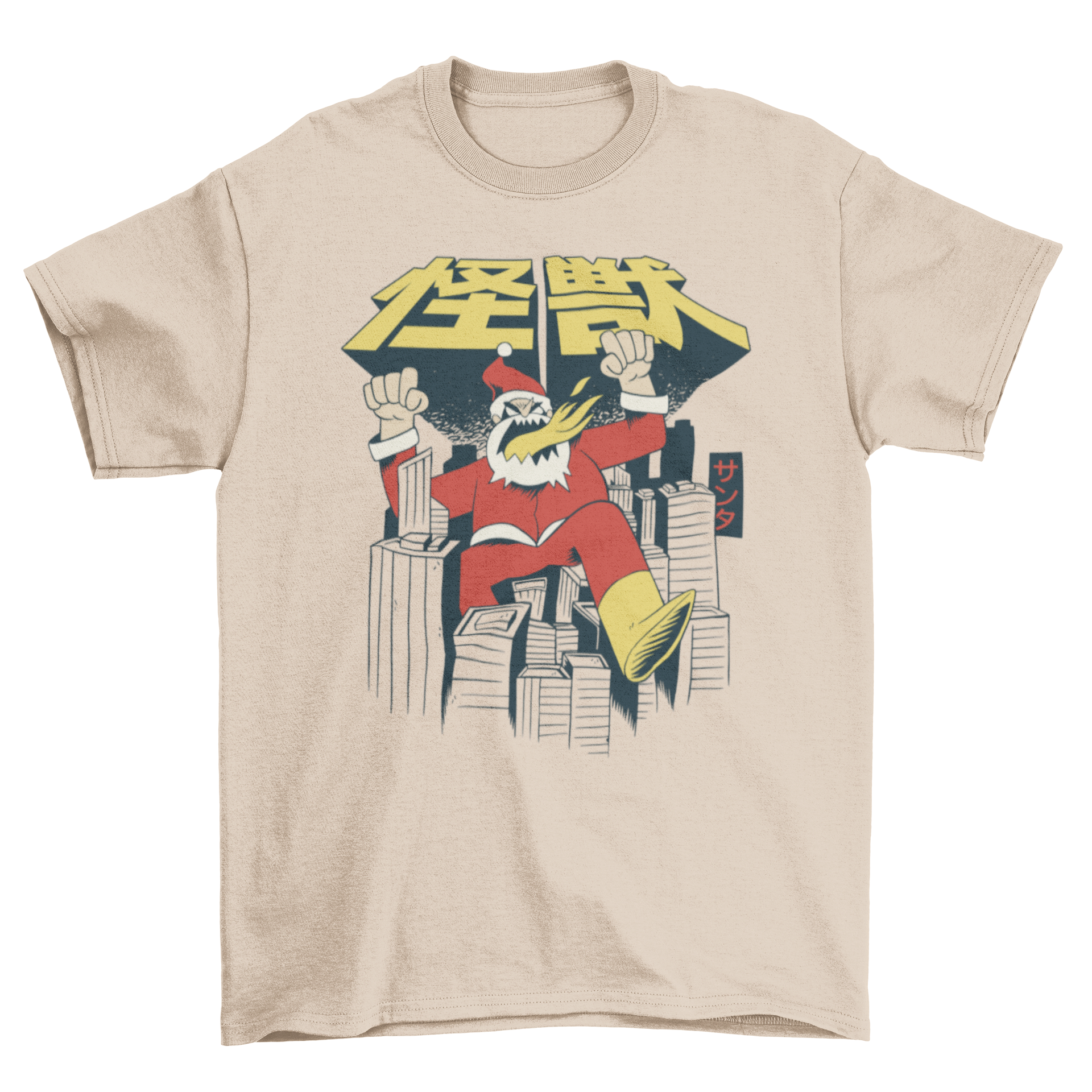 A vibrant t-shirt featuring a Japanese-style Santa monster destroying a city, perfect for Christmas celebrations.