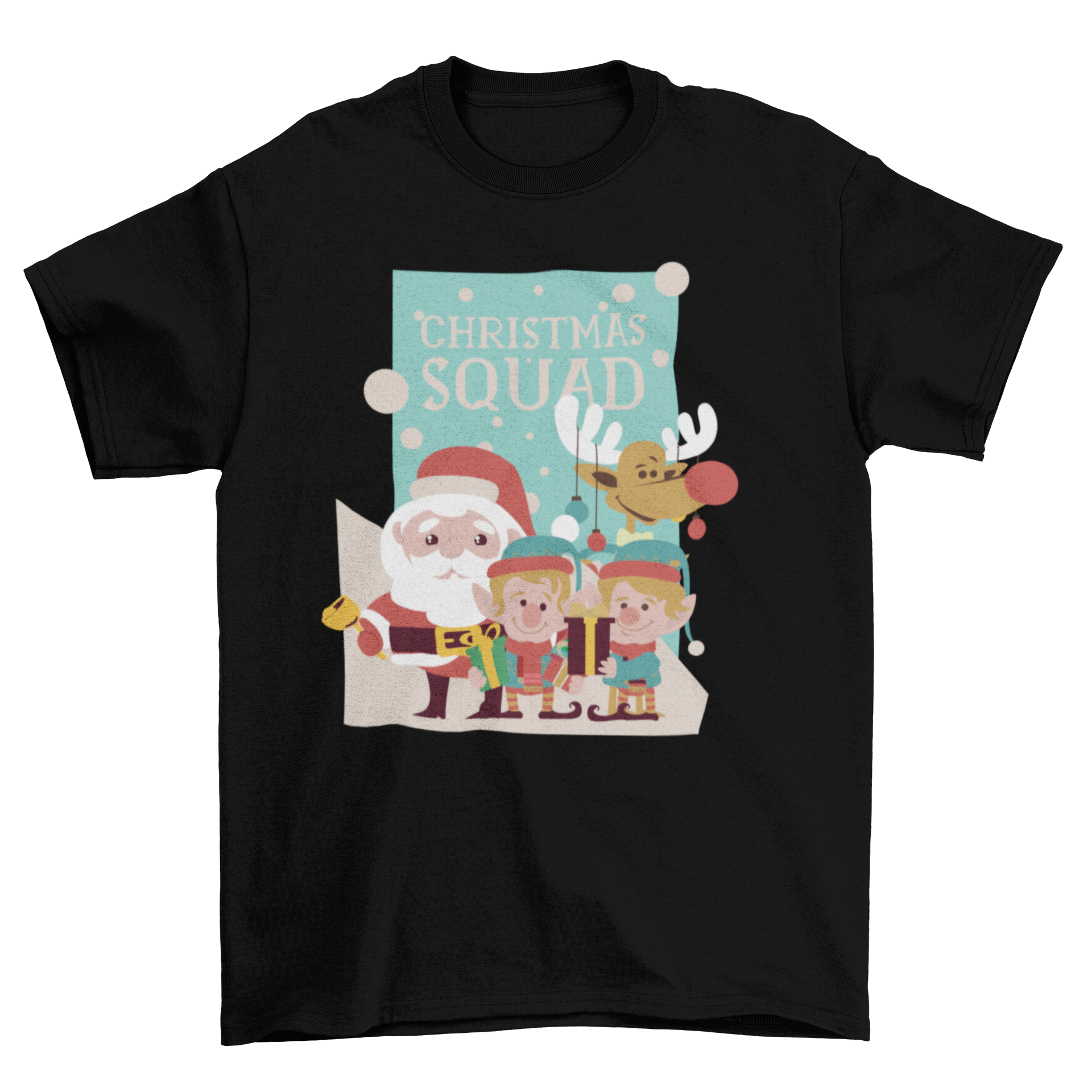 A festive Christmas squad t-shirt featuring cute characters and the caption 'Christmas squad', perfect for holiday celebrations.