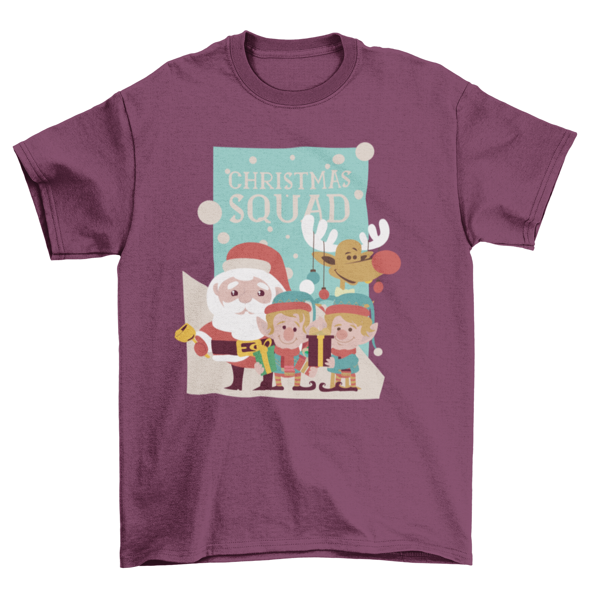 A festive Christmas squad t-shirt featuring cute characters and the caption 'Christmas squad', perfect for holiday celebrations.