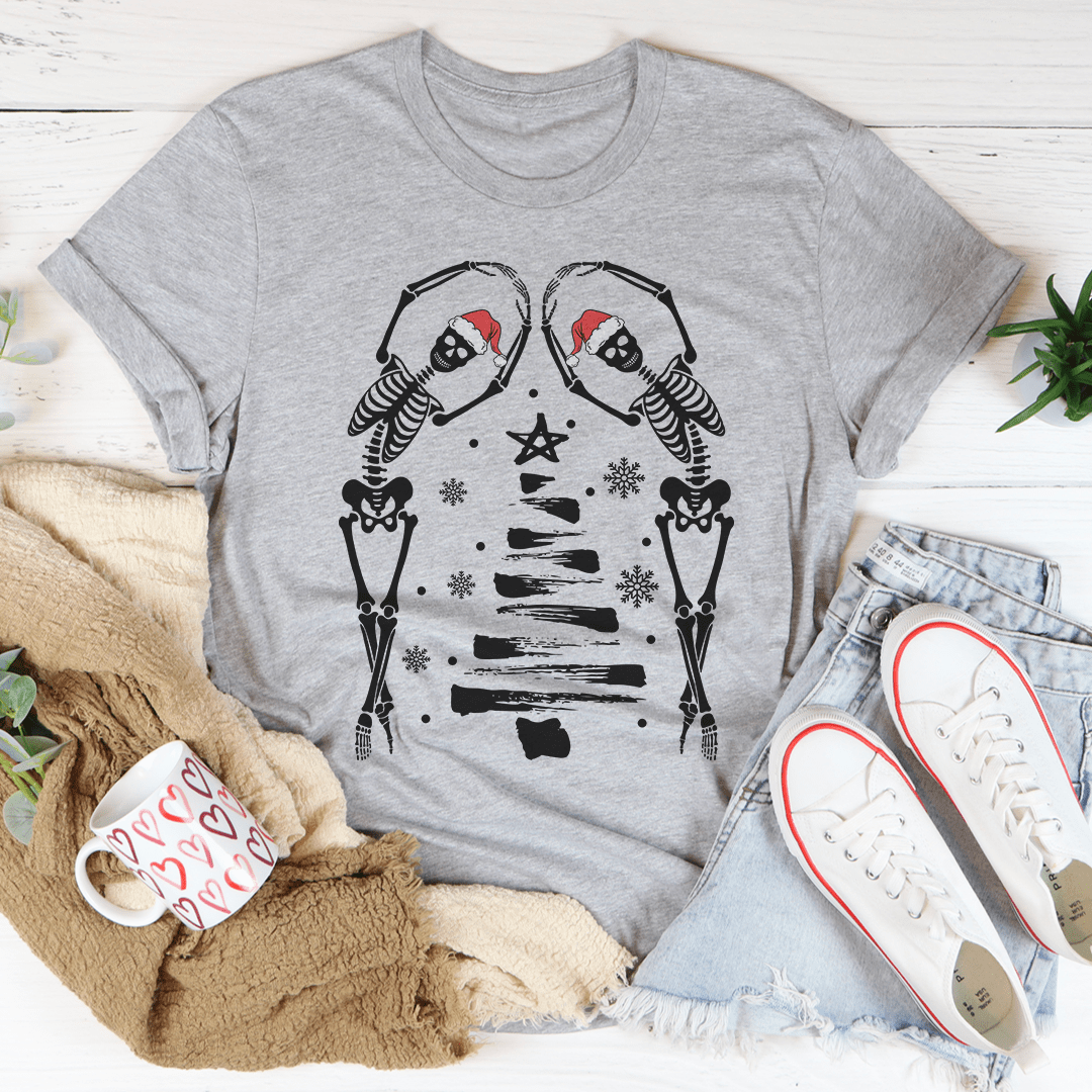 A festive Christmas Tree Skeletons T-Shirt featuring a unique design, made from soft ring-spun cotton with durable stitching.