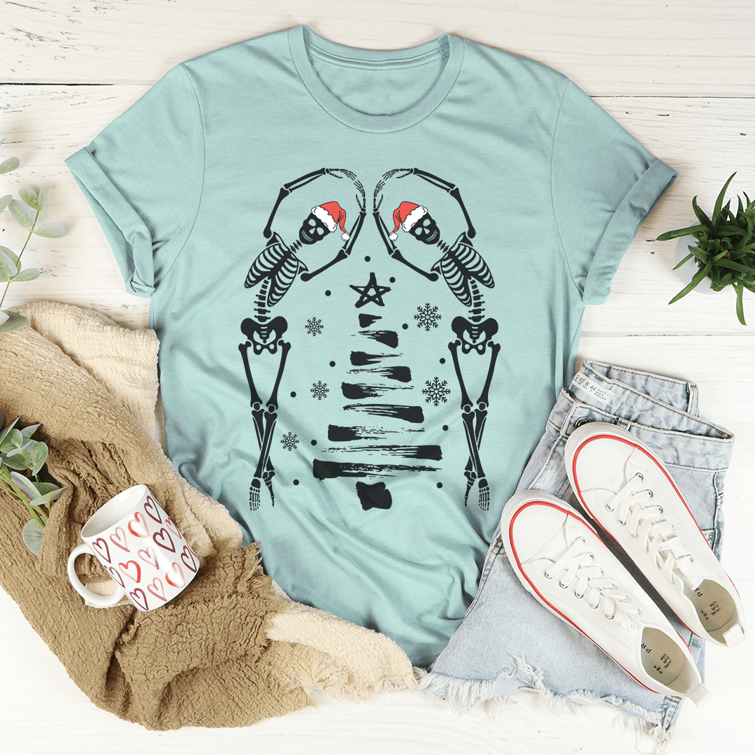 A festive Christmas Tree Skeletons T-Shirt featuring a unique design, made from soft ring-spun cotton with durable stitching.