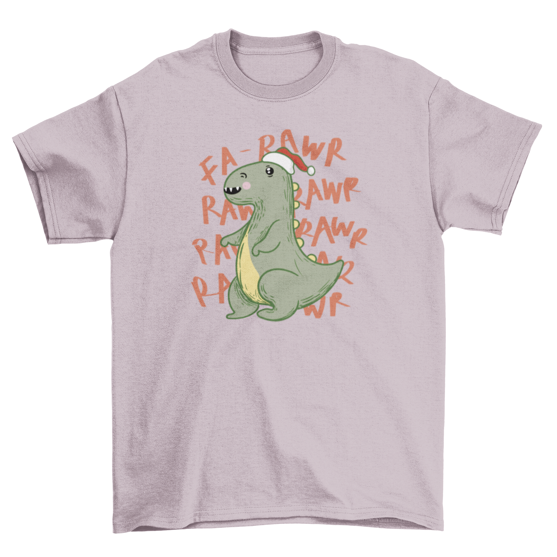 A festive Christmas T-Rex t-shirt featuring a dinosaur wearing a Santa hat, perfect for holiday celebrations.