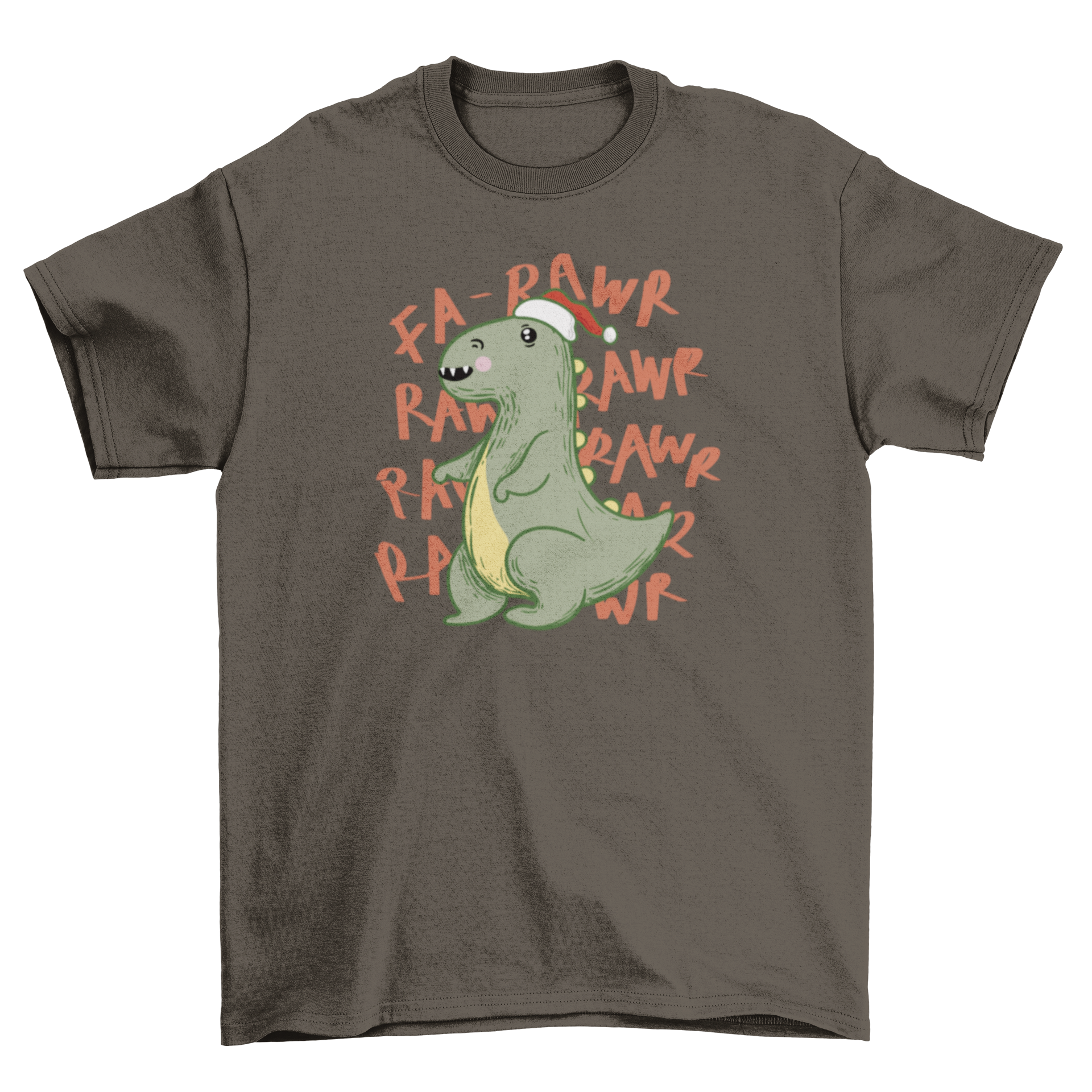 A festive Christmas T-Rex t-shirt featuring a dinosaur wearing a Santa hat, perfect for holiday celebrations.