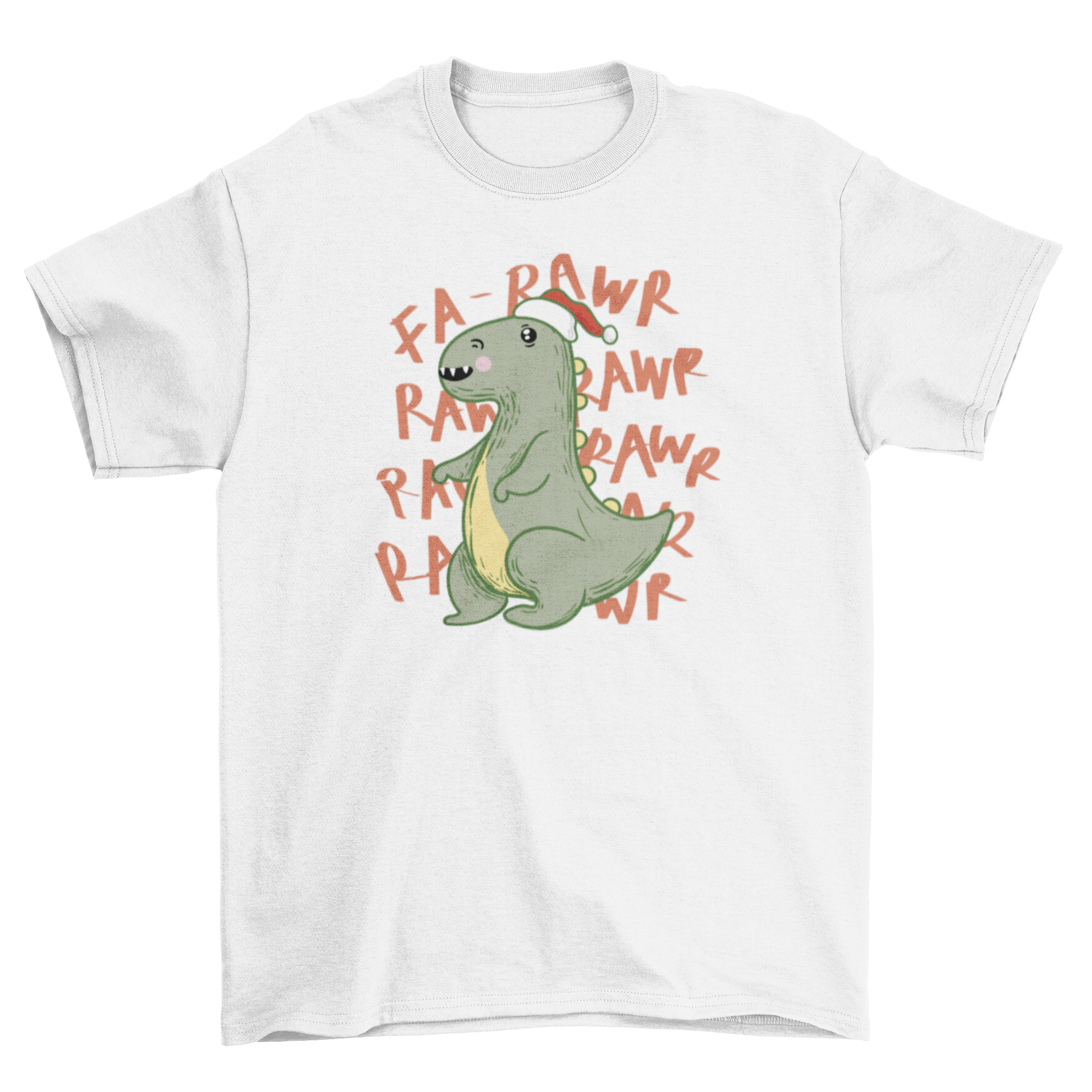 A festive Christmas T-Rex t-shirt featuring a dinosaur wearing a Santa hat, perfect for holiday celebrations.