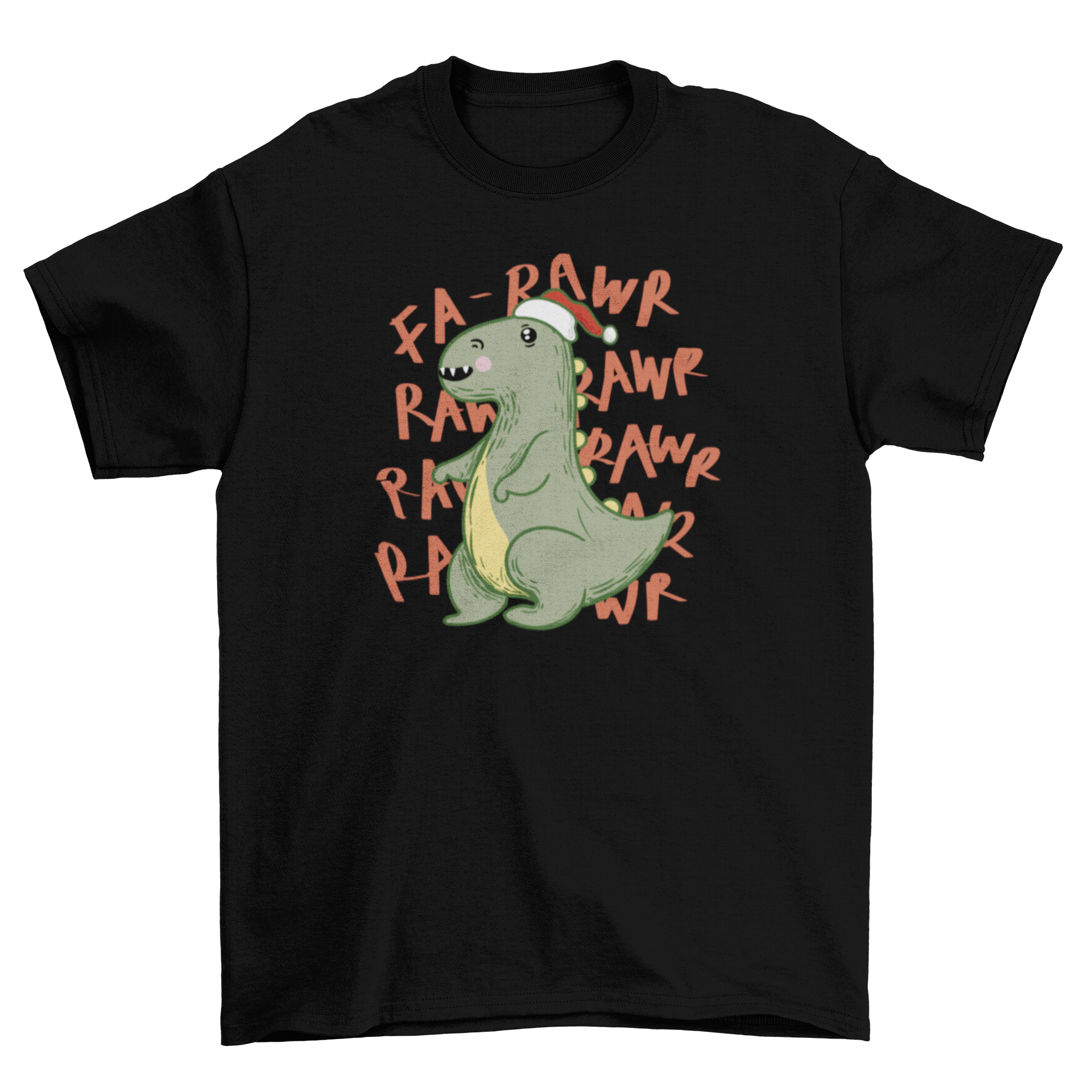 A festive Christmas T-Rex t-shirt featuring a dinosaur wearing a Santa hat, perfect for holiday celebrations.