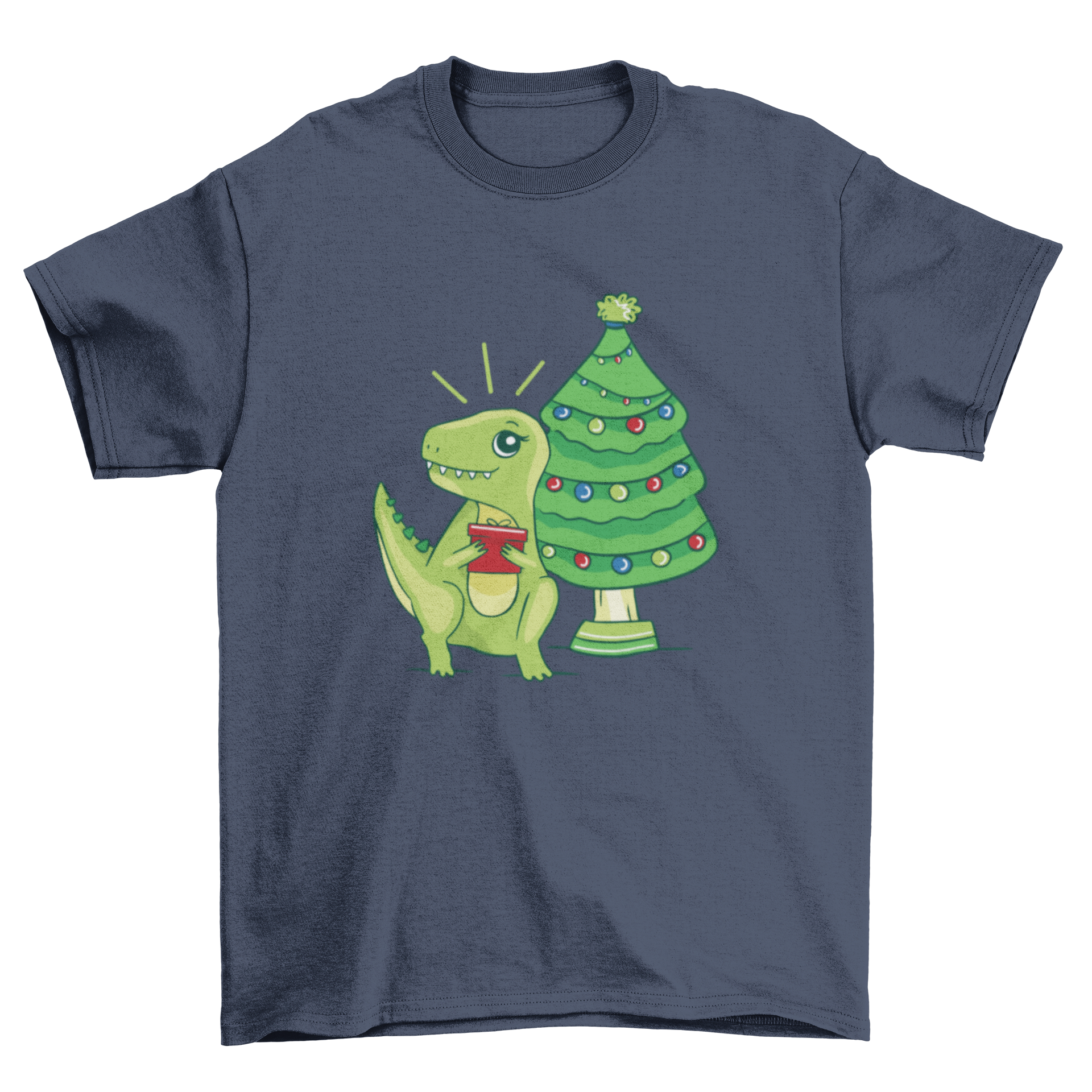 A cute Christmas t-shirt featuring a T-Rex next to a decorated Christmas tree, perfect for holiday celebrations.