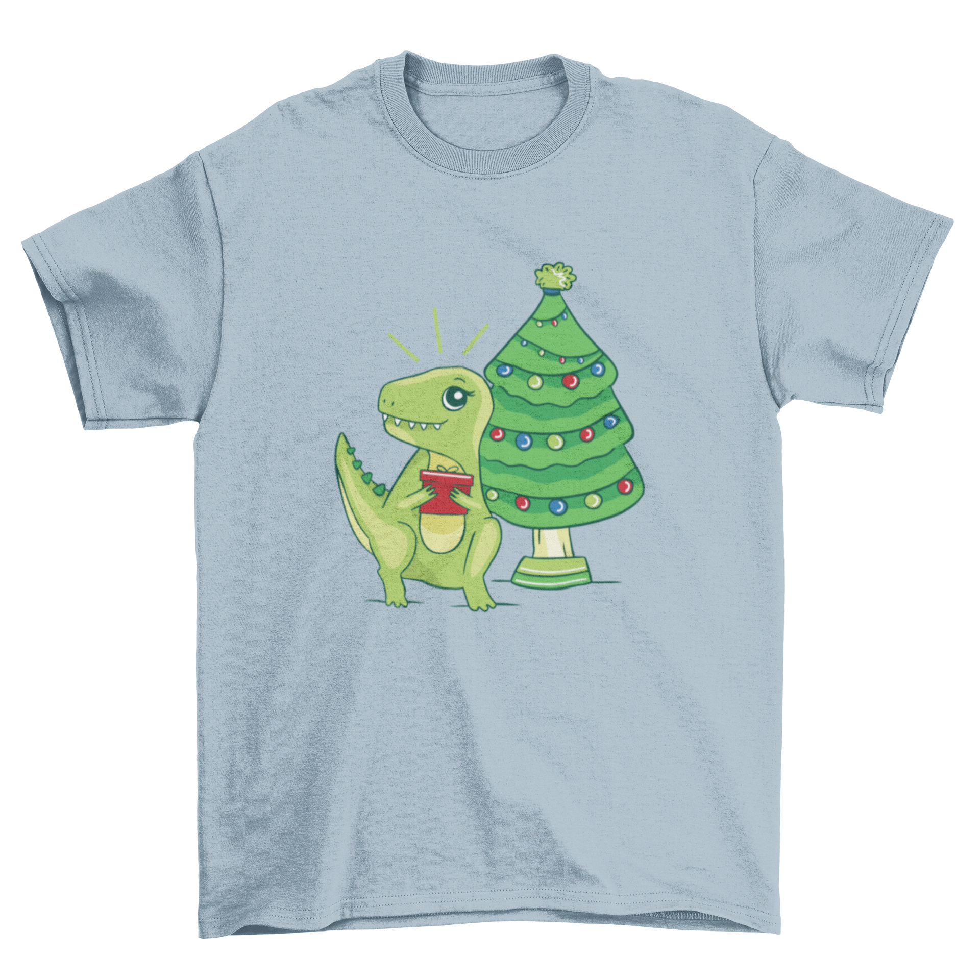 A cute Christmas t-shirt featuring a T-Rex next to a decorated Christmas tree, perfect for holiday celebrations.