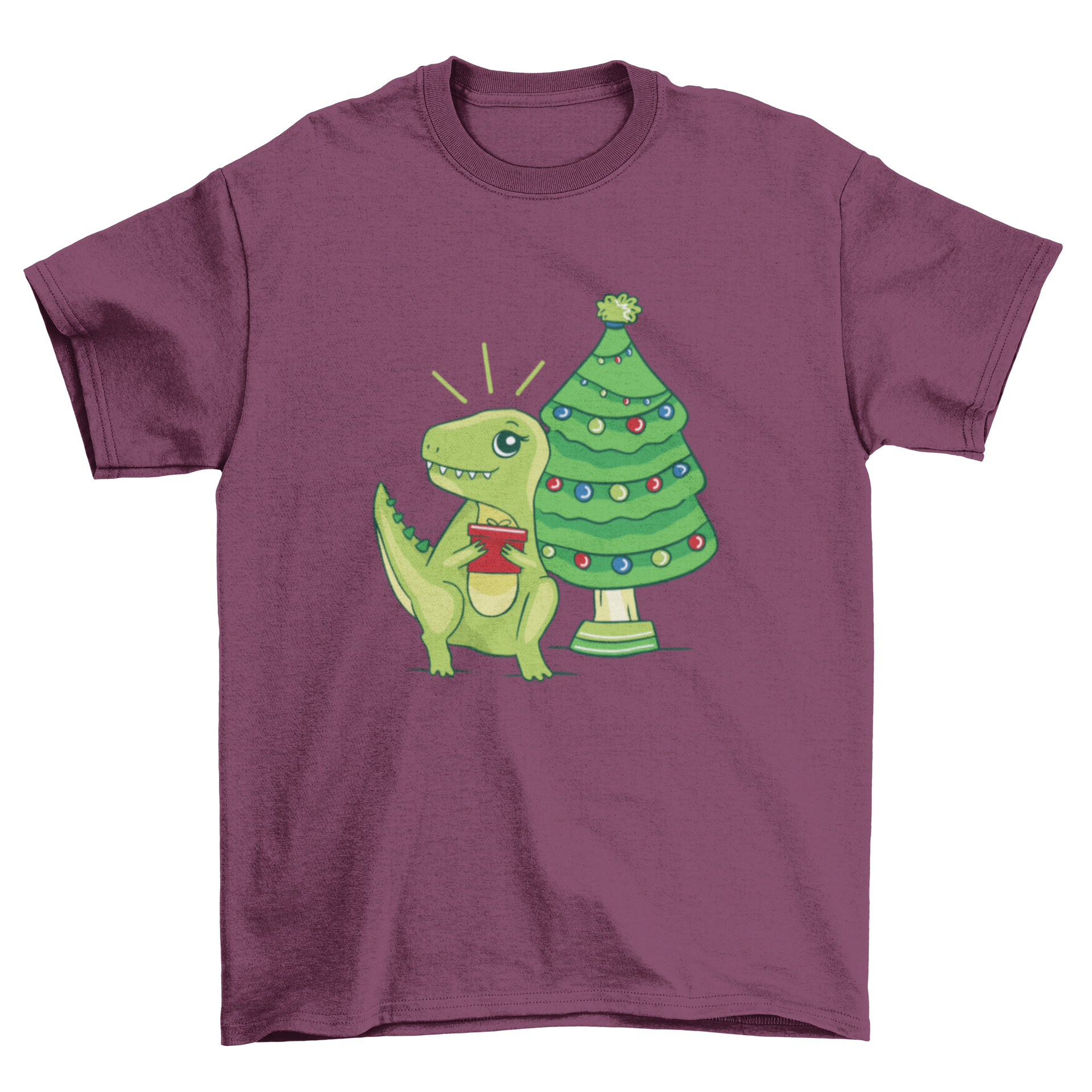 A cute Christmas t-shirt featuring a T-Rex next to a decorated Christmas tree, perfect for holiday celebrations.